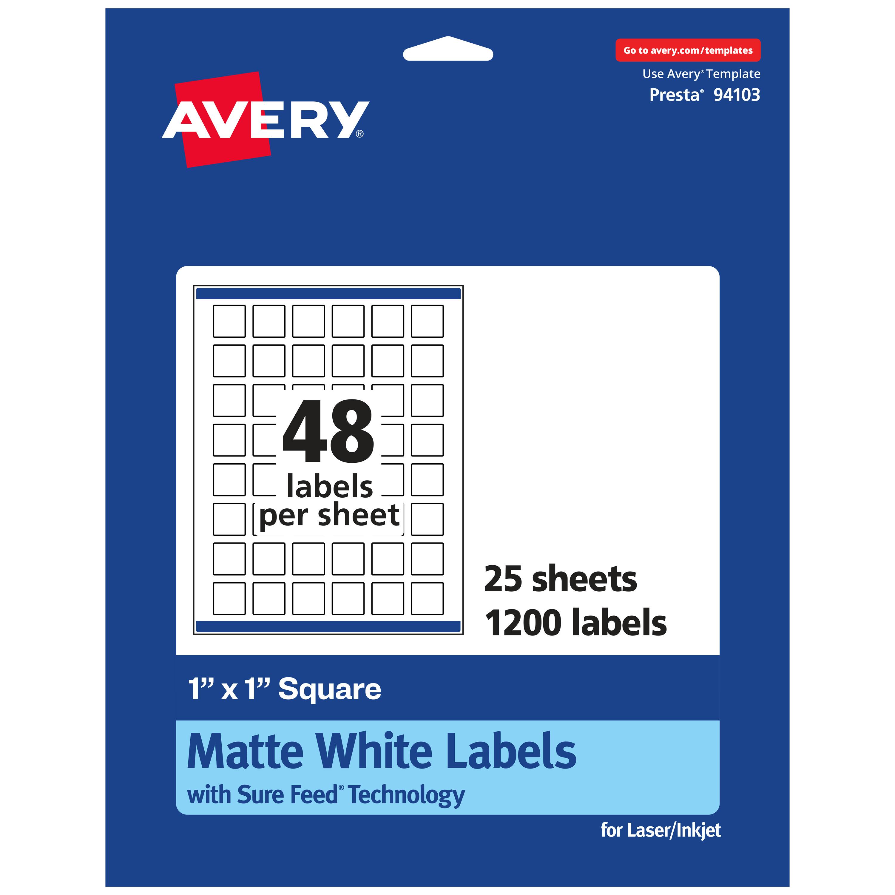 Go to avery.com/templates

AVERY

Use Avery™ Template Presta® 94103

48 labels per sheet

25 sheets

1200 labels

1" x 1" Square Matte White Labels with Sure Feed Technology for Laser/Inkjet