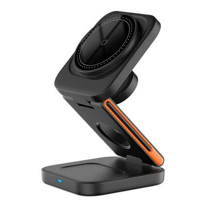 Front. Cluzine - Magnetic Foldable 3-in-1 Wireless Charging Station, 15W Fast Charger for iPhone, 5W for iWatch & Earbuds.