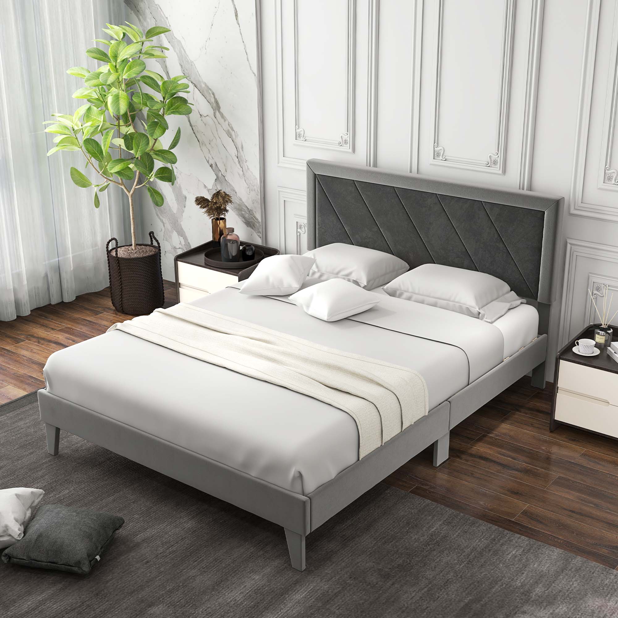 Alt View 2. Costway - Costway Queen Size Bed Frame Upholstered Platform Velvet Headboard Wooden Slats - Gray.