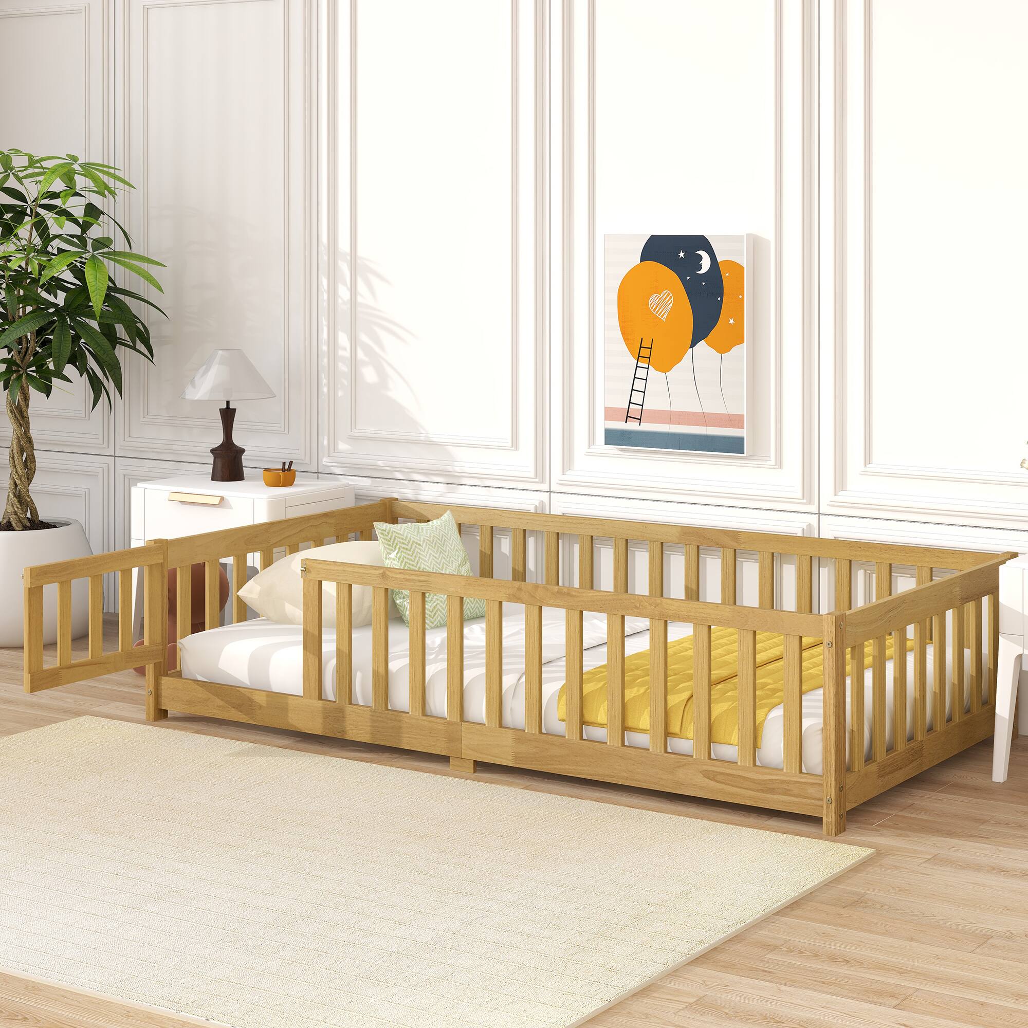 Left. Tiramisubest - Twin Size Floor Bed with Fence and Door,Rubber Wood Floor Bed with Safety Guardrails,Natural - Natural.