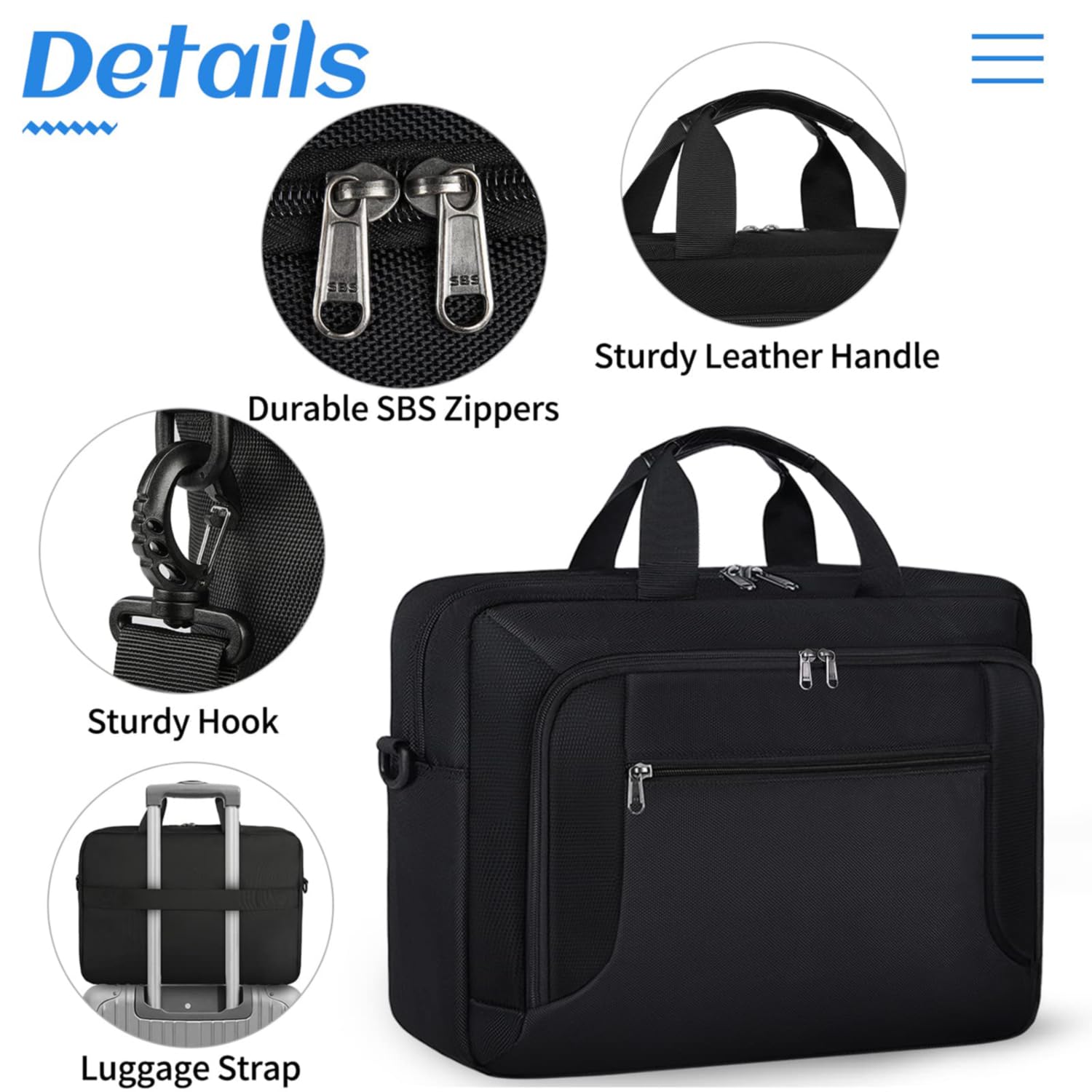 Details

- Durable SBS Zippers
- Sturdy Leather Handle
- Sturdy Hook
- Luggage Strap
