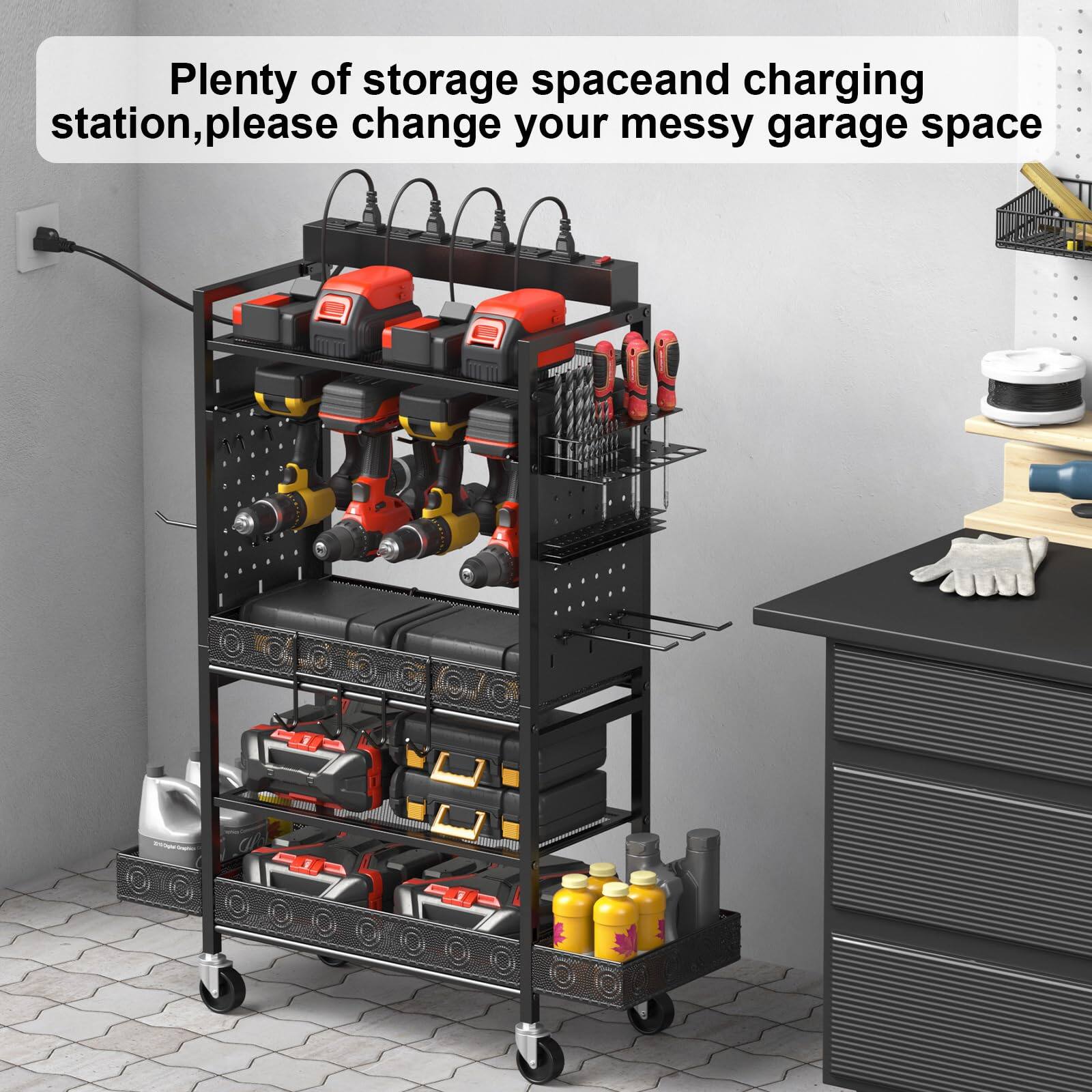 Plenty of storage space and charging station, please change your messy garage space.