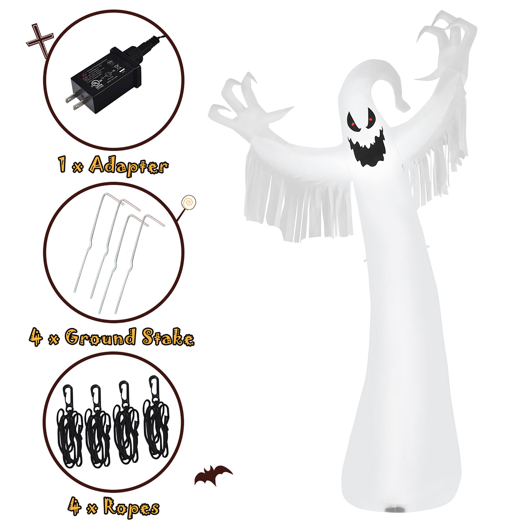 The text on the image reads: "1 x Adapter 4 x Ground Stake 4 x Ropes."