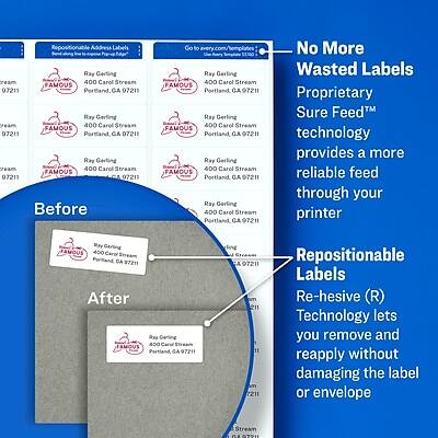 Repositionable Address Labels

Before:
- Ray Gerling
- 400 Carol Stream
- FAMOUS
- Portland, GA 97211

After:
- Ray Gerling
- 400 Carol Stream
- FAMOUS
- Portland, GA 97211

No More Wasted Labels
Proprietary Sure Feed™ technology provides a more reliable feed through your printer

Repositionable Labels
Re-hesive™ (R) Technology lets you remove and reapply without damaging the label or envelope