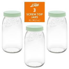 Le Parfait - Screw Top Jar - 3L Wide Mouth French Glass Canning Jar w/ ColorPlastic Lid, 96oz/3 Quarts (Pack of 3) - MINT
