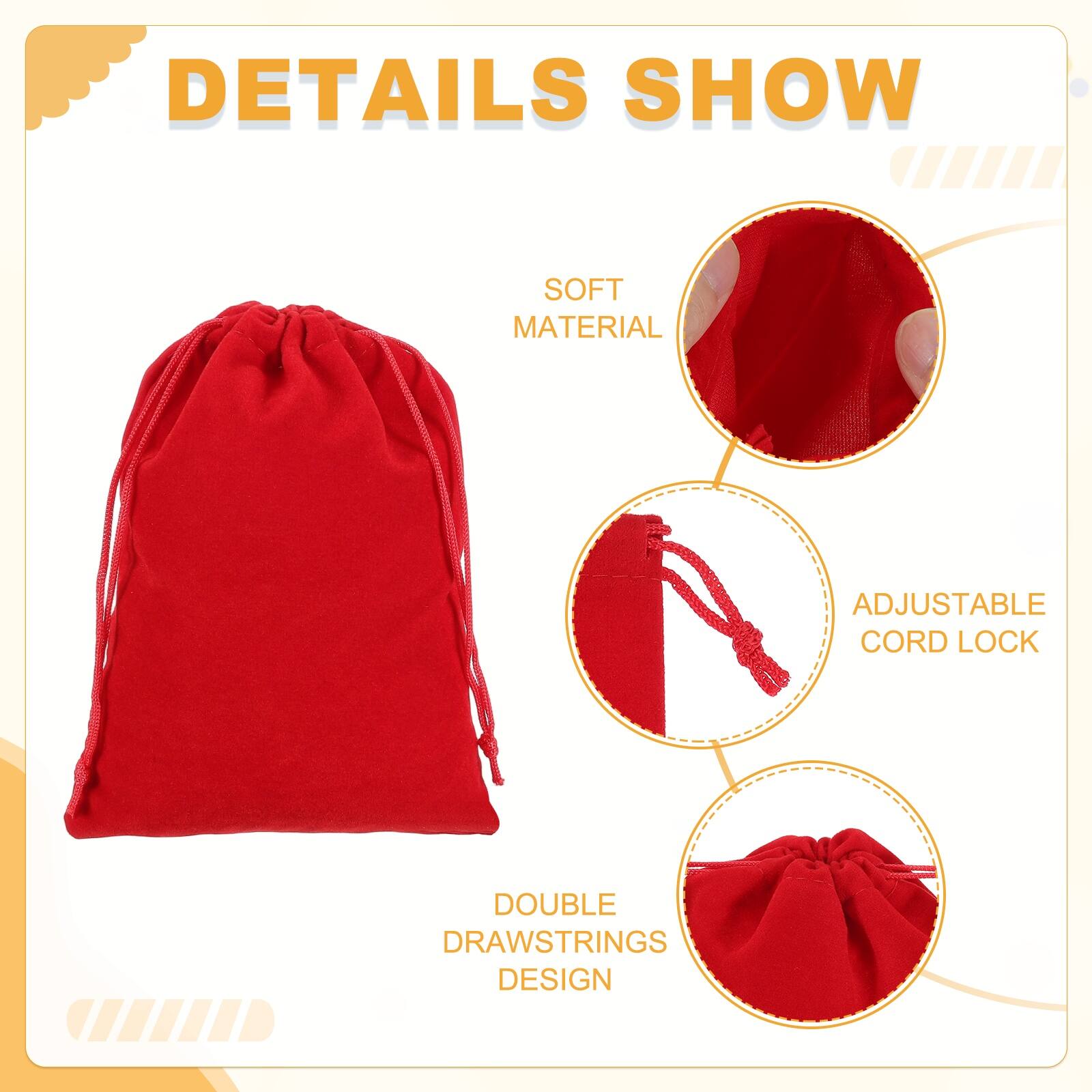 DETAILS SHOW

- SOFT MATERIAL
- ADJUSTABLE CORD LOCK
- DOUBLE DRAWSTRINGS DESIGN