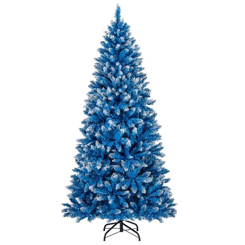 Front. WELLFOR - 6ft Pre‑lit Hinged Snowy‑Blue Artificial Christmas Tree with 767 Branch Tips & 270 Warm White LED Lights - Blue.