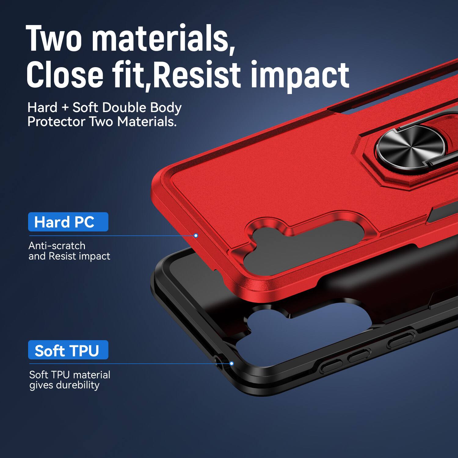 Two materials, Close fit, Resist impact  
Hard + Soft Double Body Protector Two Materials.  
Hard PC  
Anti-scratch and Resist impact  
Soft TPU  
Soft TPU material gives durability