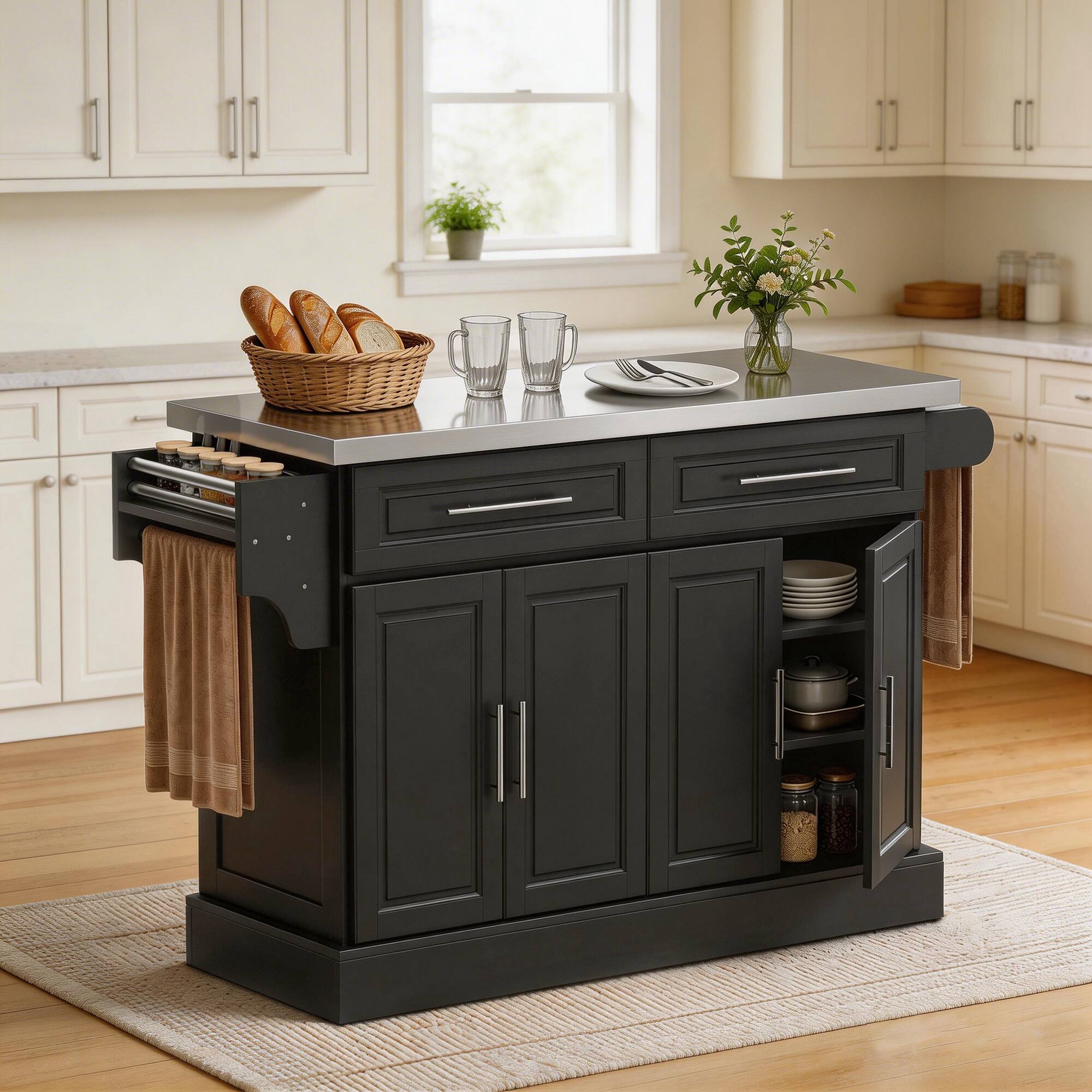 Alt View 1. Homcom - Rolling Kitchen Island Cart with Cabinets and Drawers - Black.