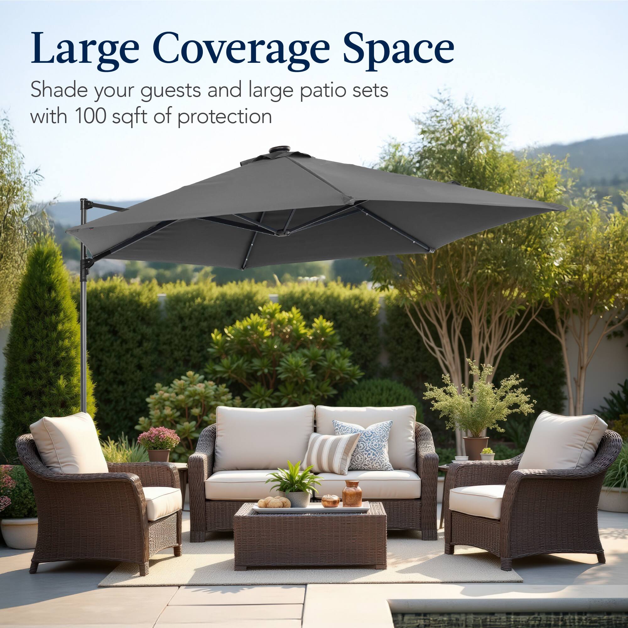 Large Coverage Space  
Shade your guests and large patio sets with 100 sqft of protection