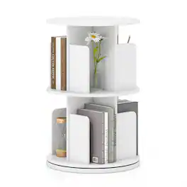 Pefilos - 2-Tier Rotating Bookshelf - 360° Swivel Rounded Baffles, Dividers Home Display Rack - White