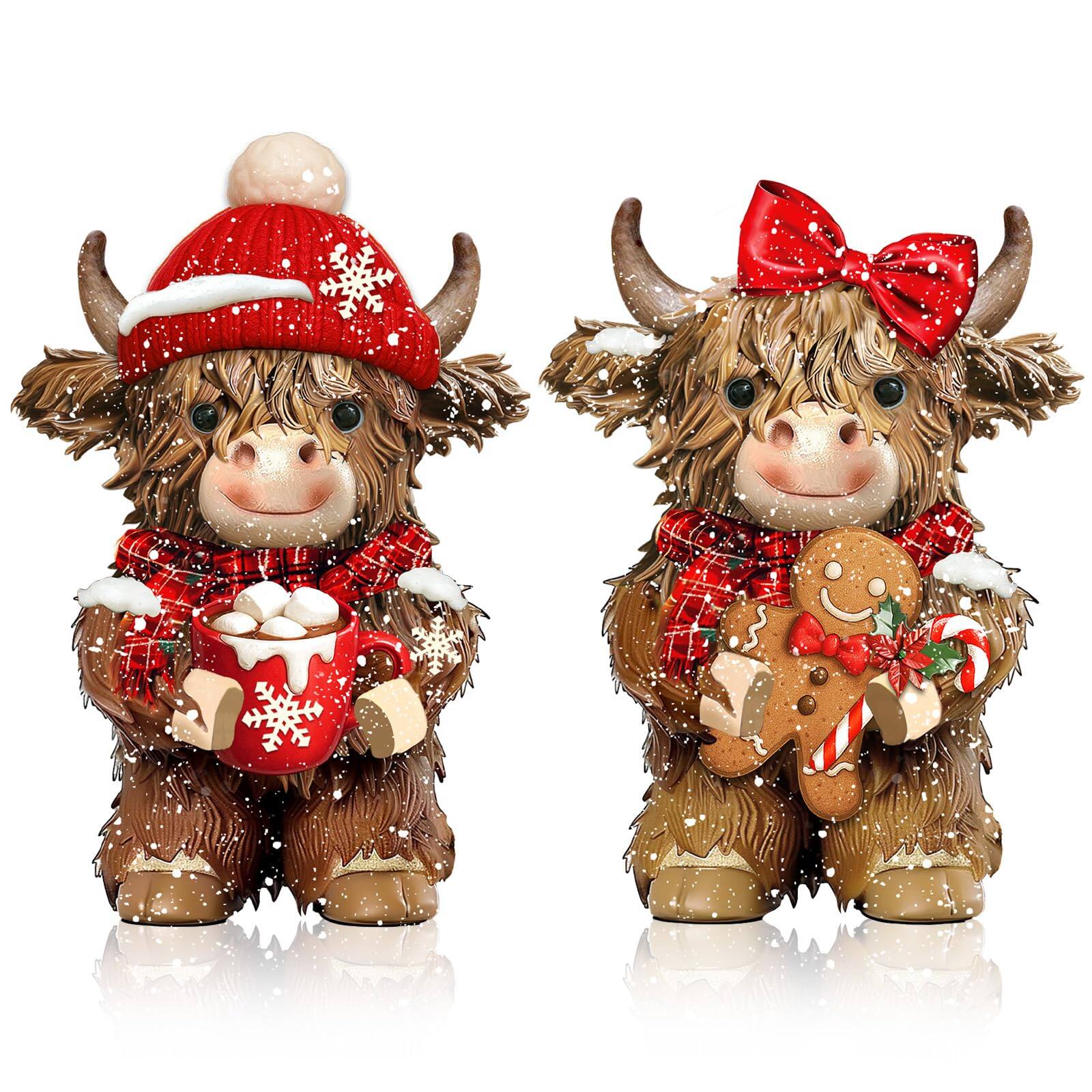 Alt View 1. Paradigms Interiors - 2 Christmas Highland Cow Figurines Decor With Santa Hat Statue Lovers Gifts For Farmhouse Home Garden Bathr... - Pink Flower.