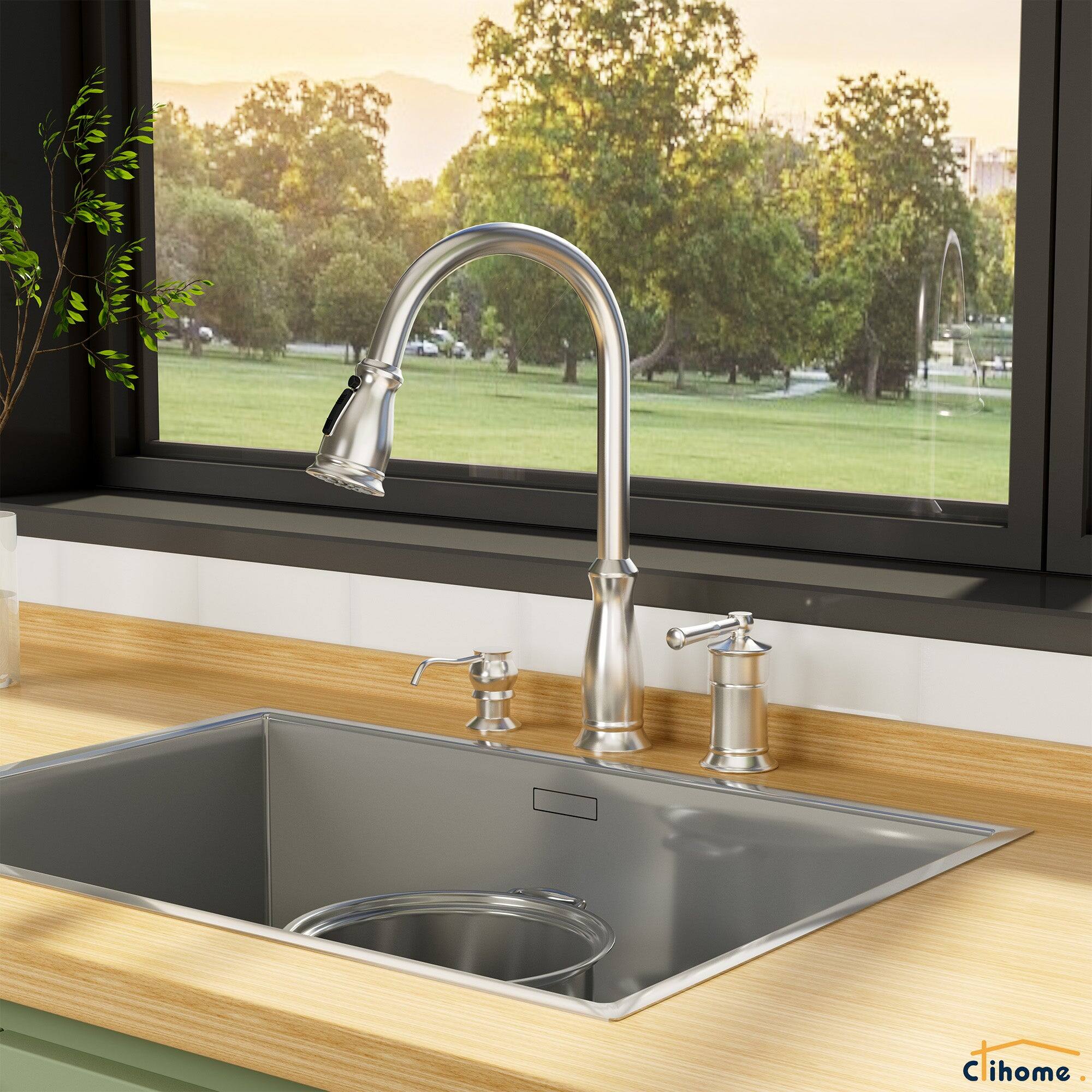 Alt View 3. Boyel Living - 3-Spray Patterns Single Handle 1.8 GPM Pull Down Sprayer Kitchen Faucet with Soap Dispenser in Brushed Nickel - Brushed Nickel.