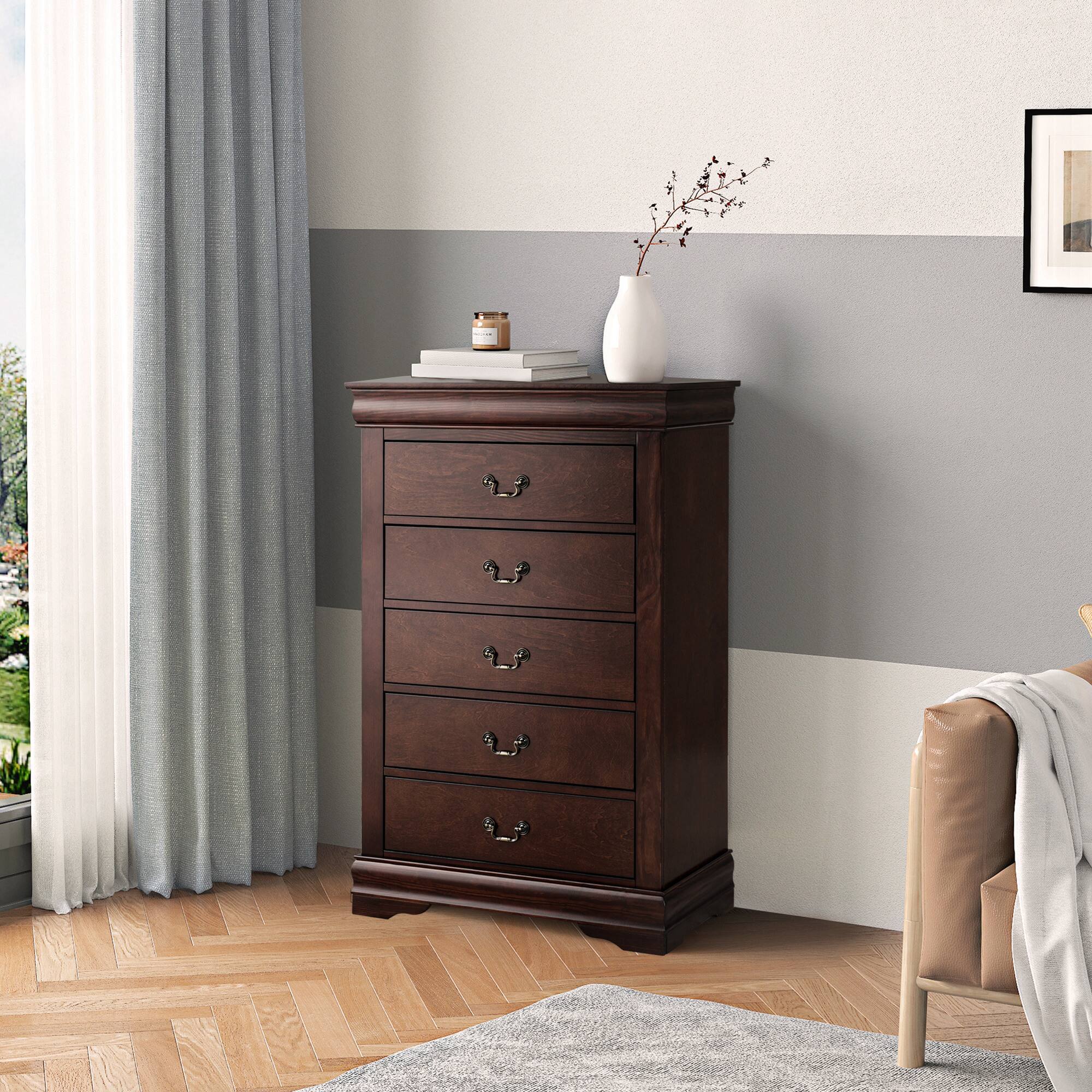 Back. Vaczon - Solid Wood 5-Drawer Bedroom Dresser, English Dovetail Chest of Drawers for Clothes and Home Storage - Cherry.