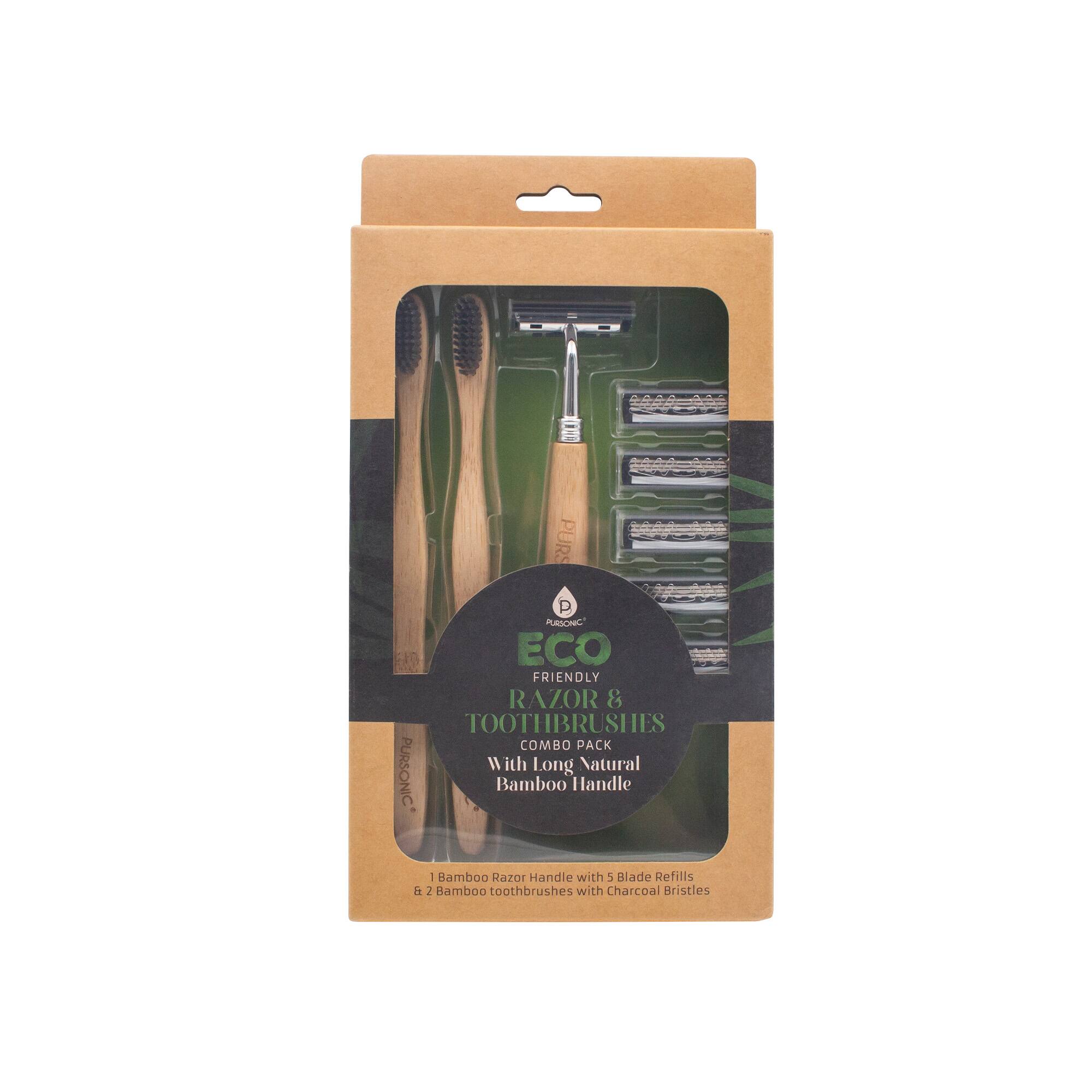 PURS P PRIOH ECO FRIENDLY RAZOR & TOOTHBRUSHES COMBO PACK 1 with Long Natural PURSONIC Bamboo Handle - Bamboo Razor Handle with 5 Blade Refills & 2 Bamboo toothbrushes with Charcoal Bristles