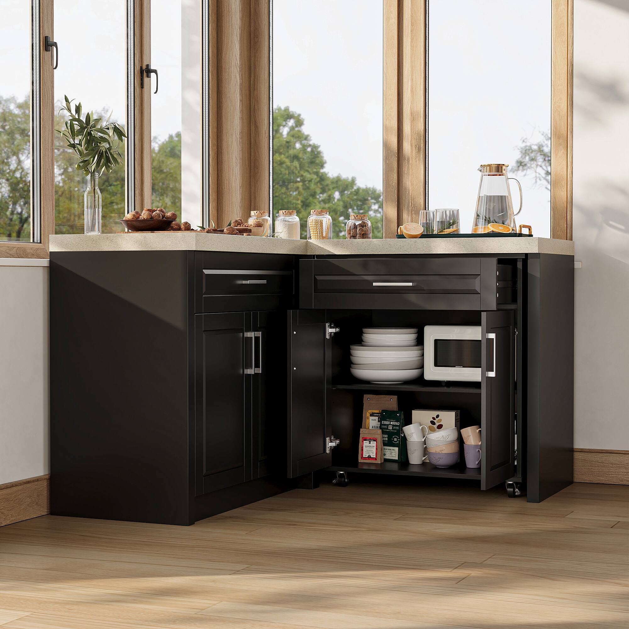 Alt View 4. FUFU&GAGA - FUFU&GAGA L - Shaped Sideboards Kitchen Storage Cabinet Space - Saving Organization Pantry Cabinet - Black.