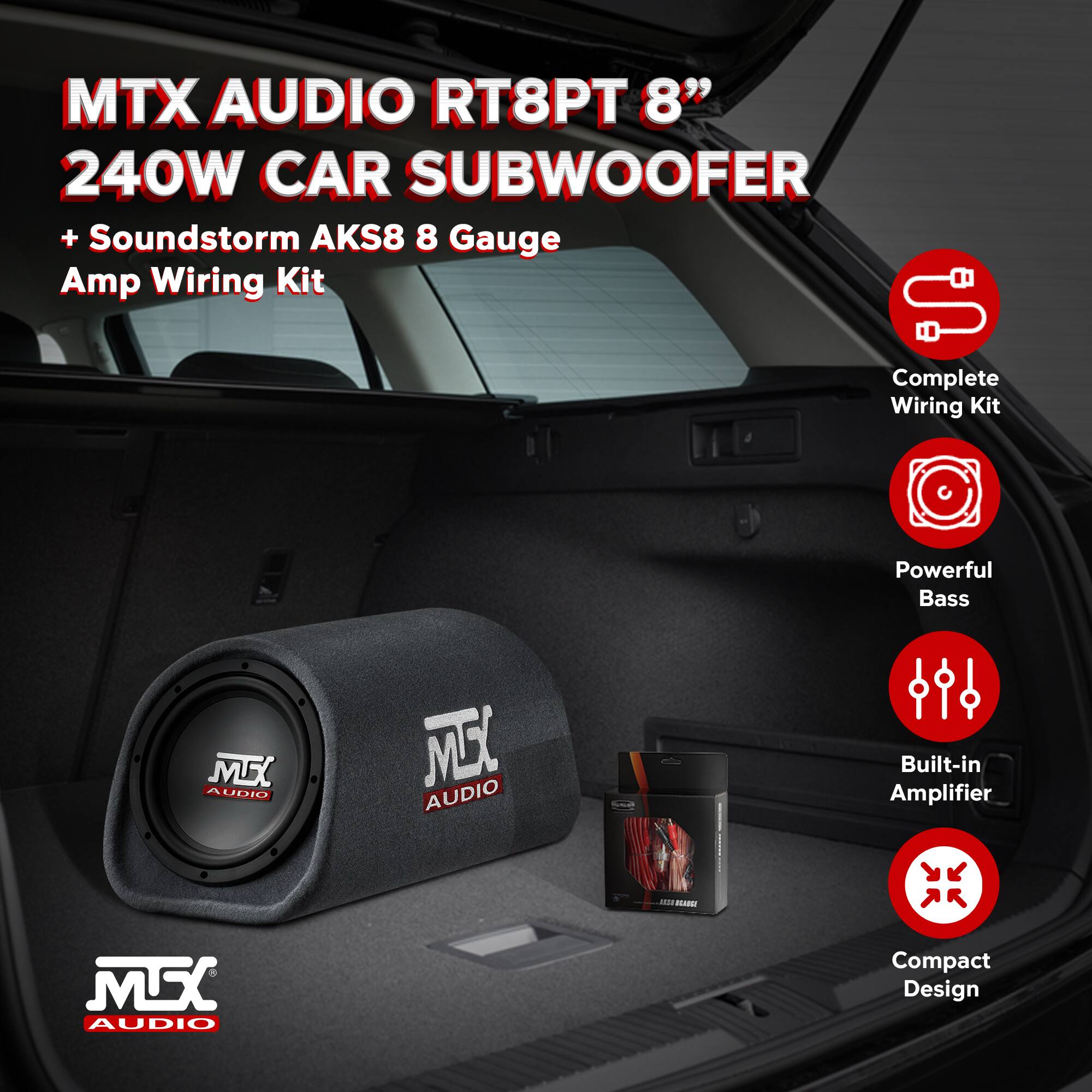 MTX AUDIO RT8PT 8" 240W CAR SUBWOOFER  
+ Soundstorm AKS8 8 Gauge Amp Wiring Kit  

- Complete Wiring Kit  
- Powerful Bass  
- Built-in Amplifier  
- Compact Design