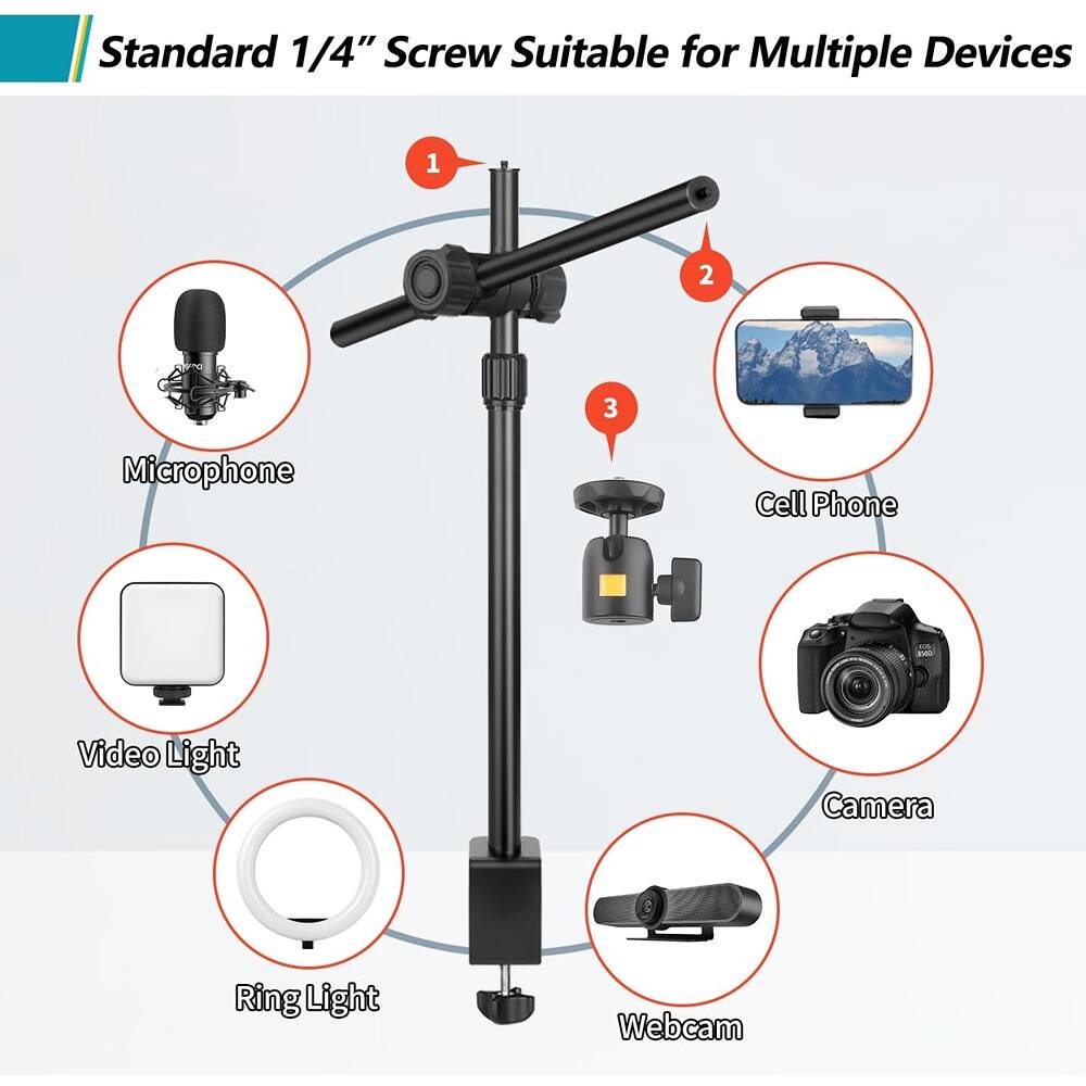 Standard 1/4" Screw Suitable for Multiple Devices

1. Microphone
2. Cell Phone
3. Video Light
4. Ring Light
5. Camera
6. Webcam