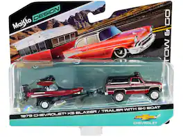 Muscle Machines - 1979 Chevrolet K5 Blazer with Ski Boat and Trailer Tow & Go Series 1/64 - Red Metallic Matt Black