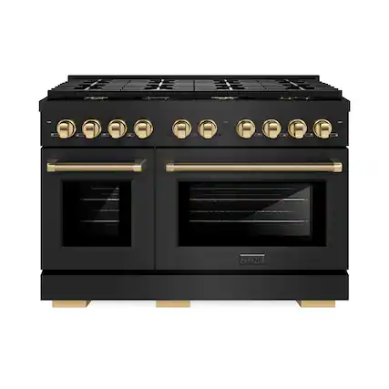 Front. ZLINE - Autograph 48 in. 6.7 Cu. Ft. Freestanding Paramount DuoPro Gas Range in Black Steel with Polished Gold Helix Handles - Black Stainless Steel.