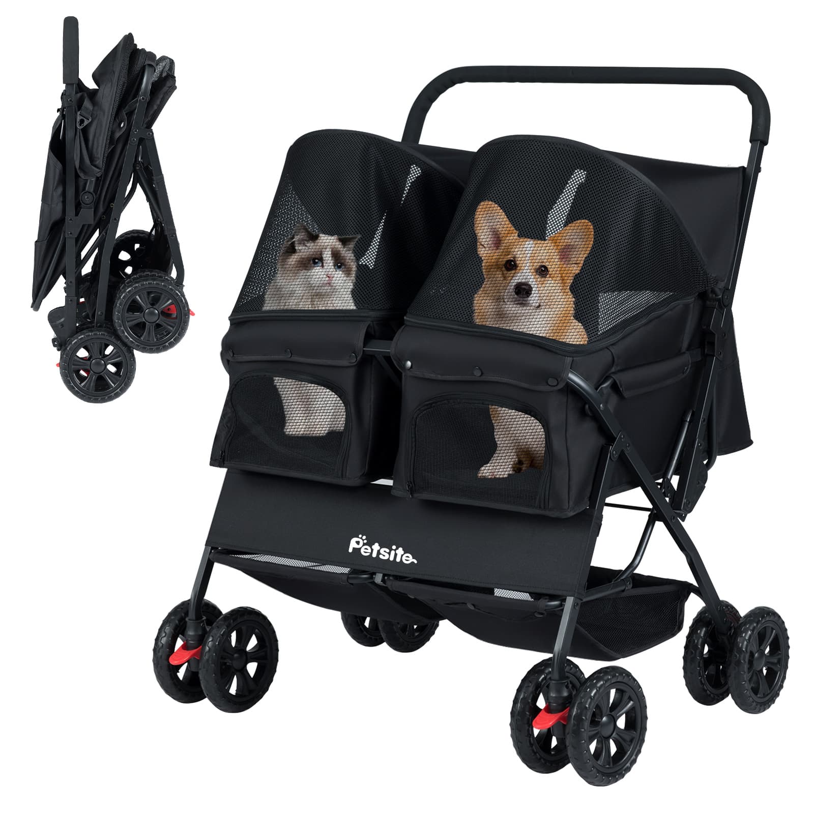 Gymax - Double Pet Stroller w/ 2-seater Carrier Adjustable Sunshade Removable Pad
