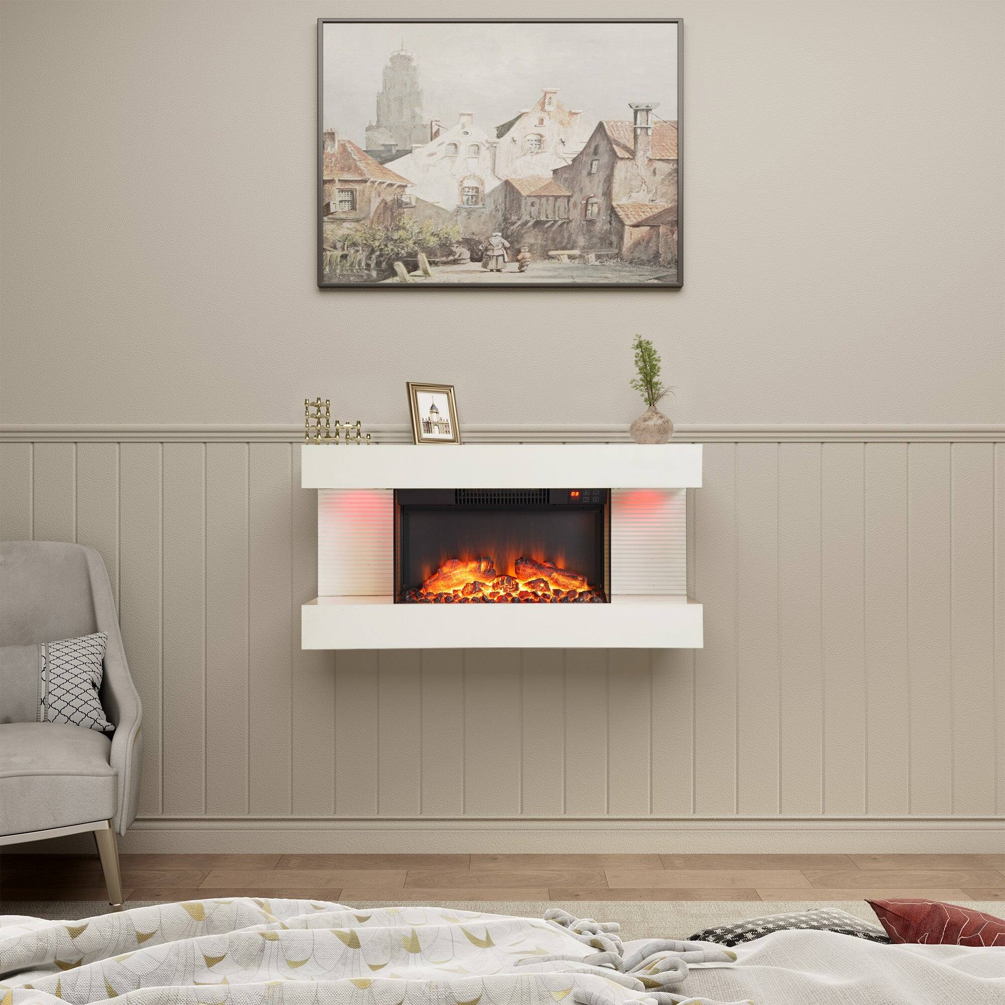 Front. Boyel Living - 32 in. Wall Mounted Hanging Electric Fireplace with Remote Control - White.