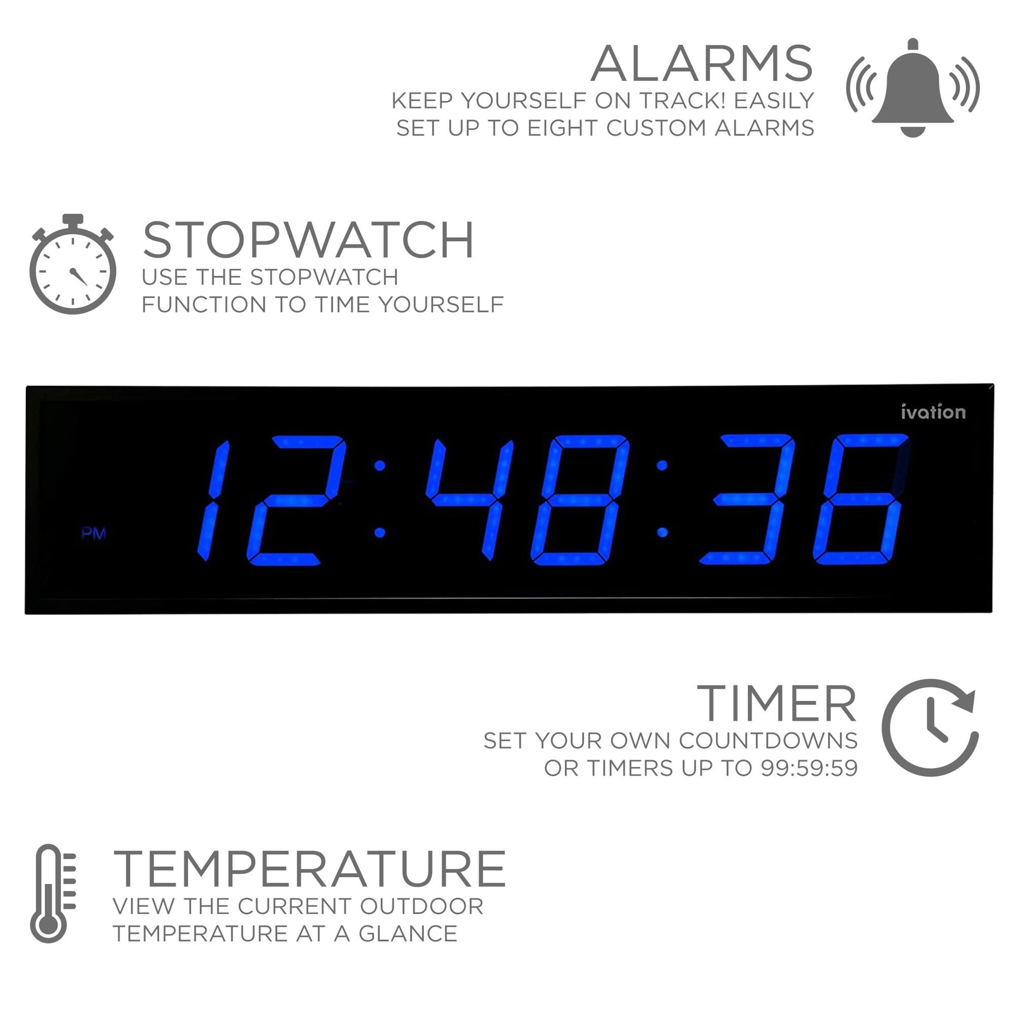ALARMS: KEEP YOURSELF ON TRACK! EASILY SET UP TO EIGHT CUSTOM ALARMS
STOPWATCH: USE THE STOPWATCH FUNCTION TO TIME YOURSELF
TIMER: SET YOUR OWN COUNTDOWNS OR TIMERS UP TO 99:59:59
TEMPERATURE: VIEW THE CURRENT OUTDOOR TEMPERATURE AT A GLANCE