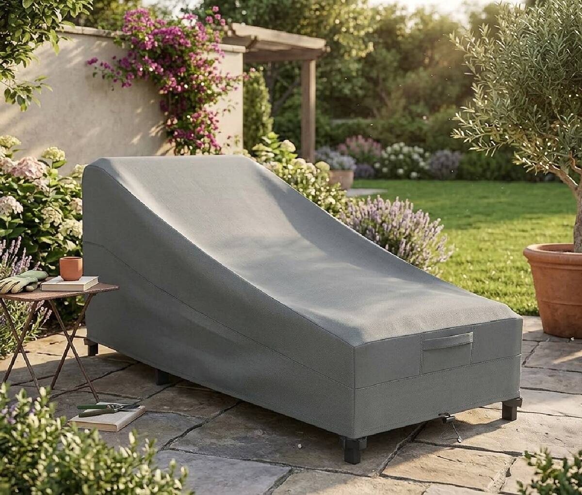 Left. KHOMO GEAR - Heavy-Duty Patio Chaise Lounge Chair Cover, Waterproof Outdoor Furniture Protector, Fade & Weather Resistant - Grey.