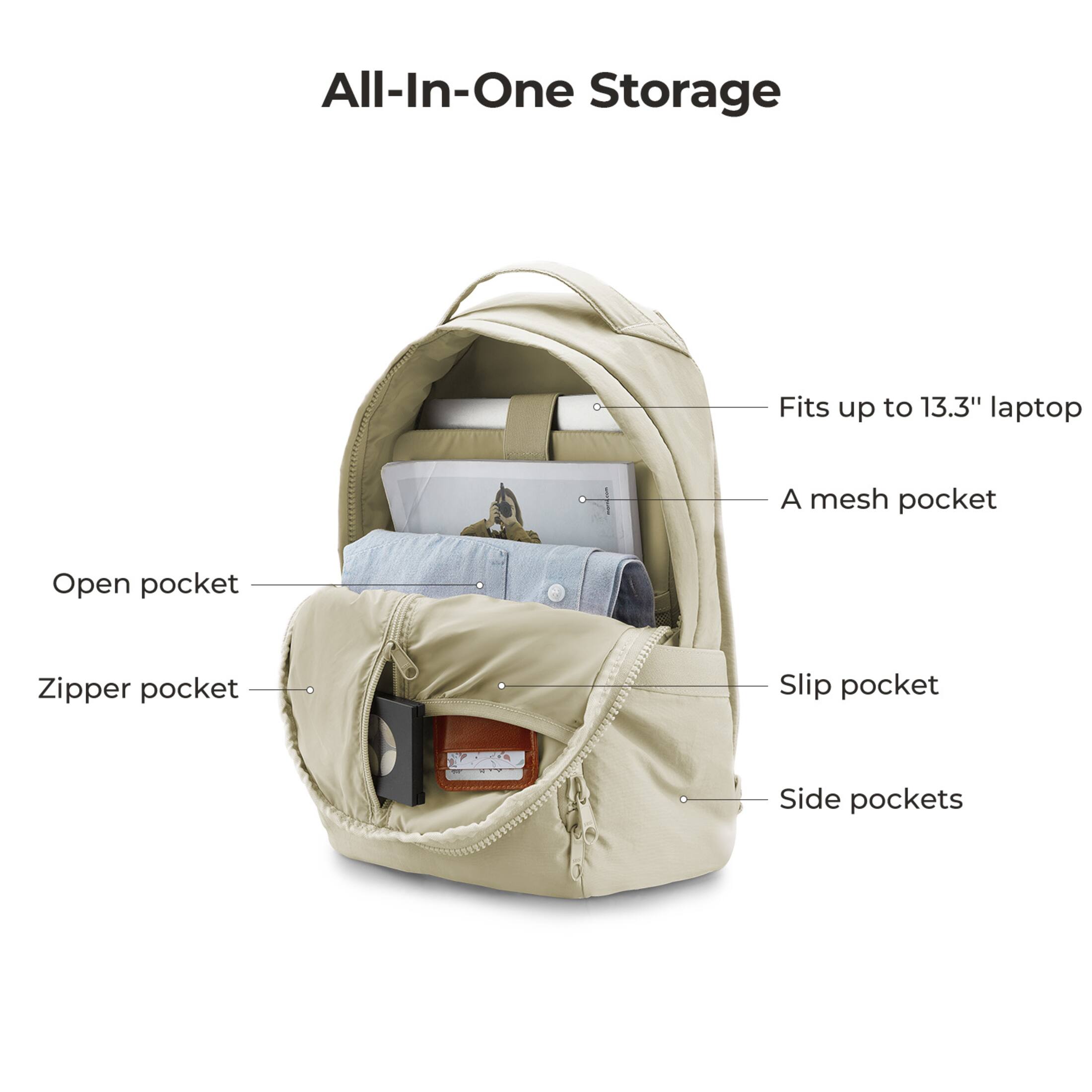All-In-One Storage

- Fits up to 13.3" laptop
- A mesh pocket
- Open pocket
- Zipper pocket
- Slip pocket
- Side pockets