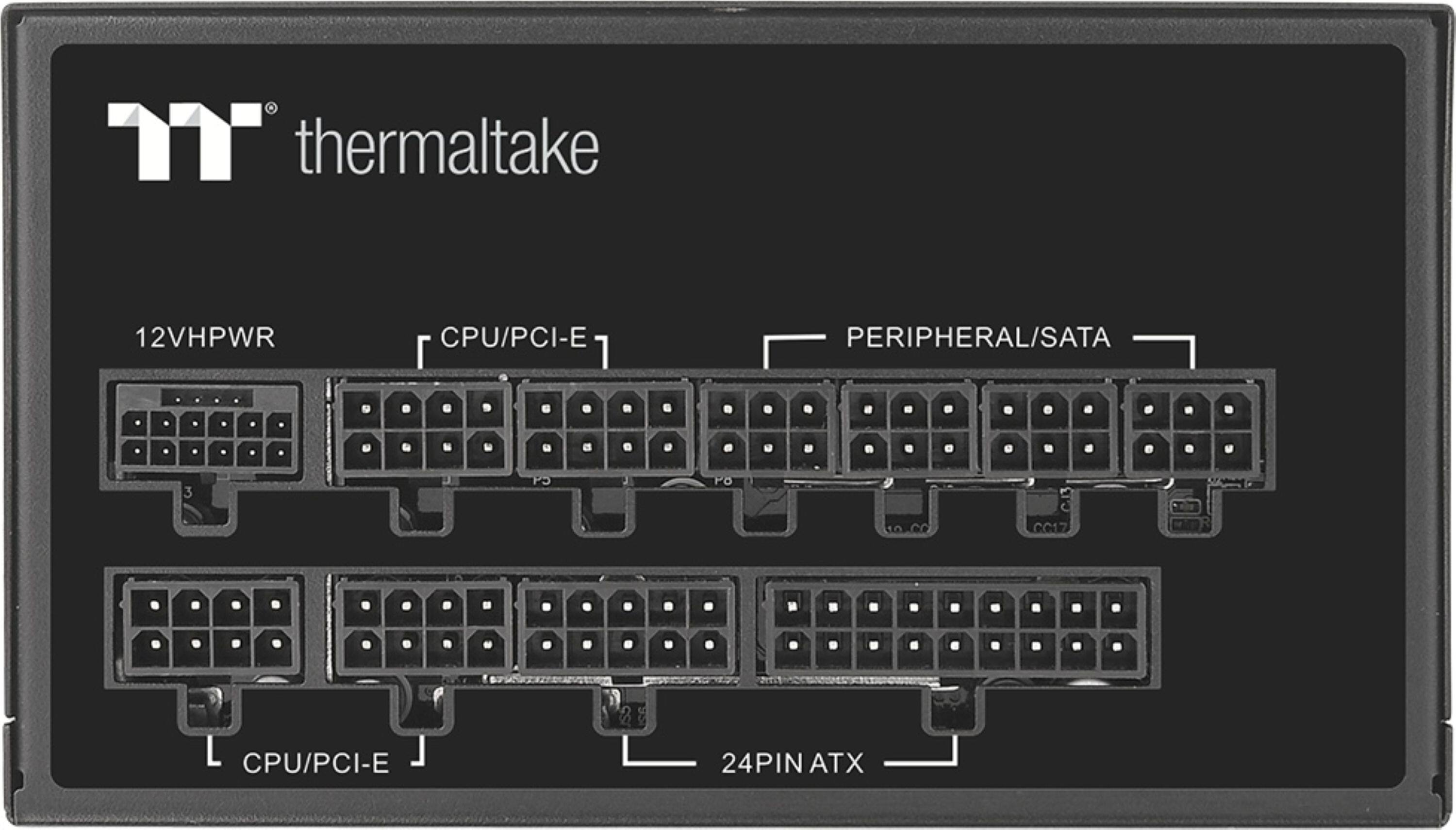 The text on the image reads: "m thermaltake 12VHPWR CPU/PCI-E  1 PERIPHERAL/SATA 3 CC17 L CPU/PCI-E  28 24PIN ATX." This text is describing a power supply unit (PSU) made by Thermaltake, which is designed to provide power to a computer's CPU and PCI-E components. The PSU has a 12VHPWR rating, which indicates that it can deliver up to 12V at 3.6A (43.2W) of power to the CPU. It also has a single peripheral/SATA power supply, which can provide up to 3A (9W) of power to peripheral devices and SATA hard drives. The PSU is compatible with 28-pin ATX motherboards.