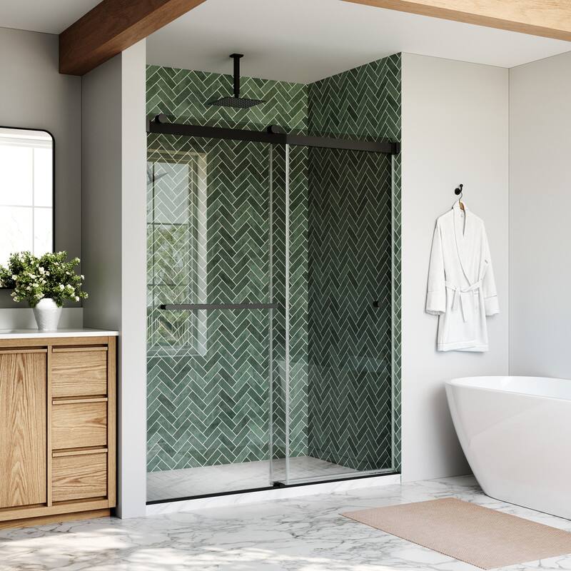 Angle. WELLFOR - 56-60 in W x 74 in H Double Sliding Frameless Shower Door with 1/4 in. Clear SGCC Tempered Glass - Matte Black.