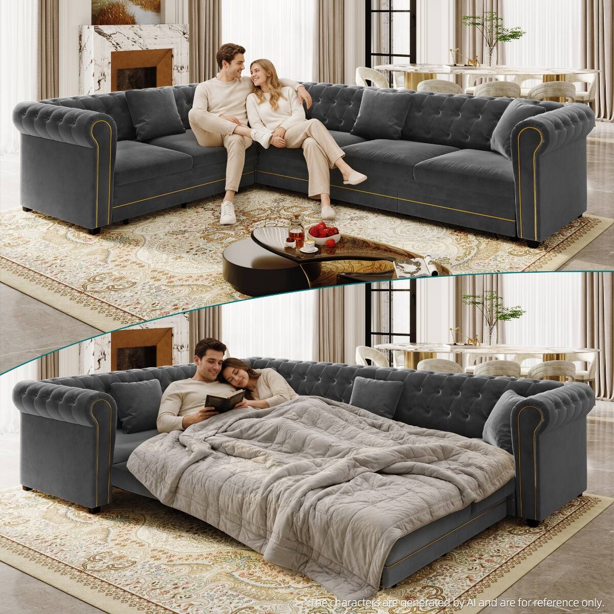 Ropilly L Shaped Sleeper Sofa Dark Gray Velvet Pull Out Sectional Sofa ...