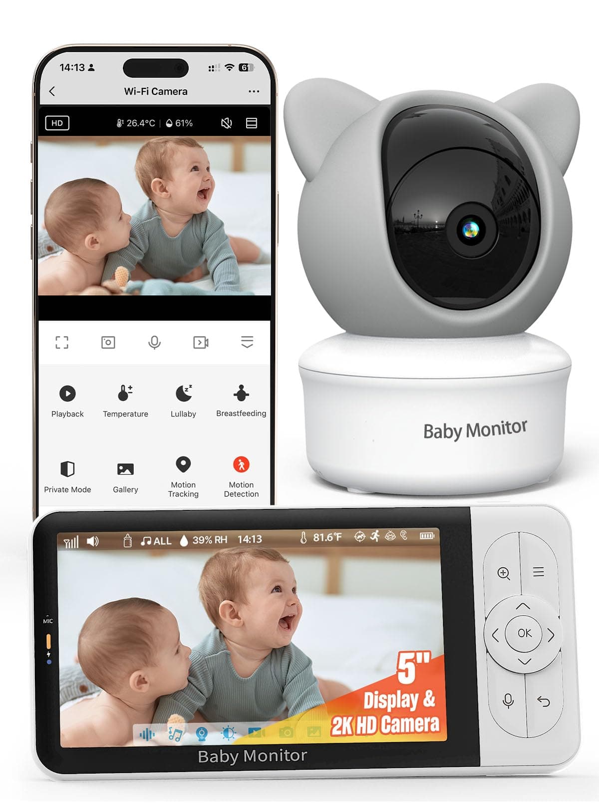 GlowWise - WiFi Baby Monitor with 5" HD Monitor & 2K Camera, Night Vision, 2-Way Audio, Motion Tracking, Temp Sensor, Lullabies - White