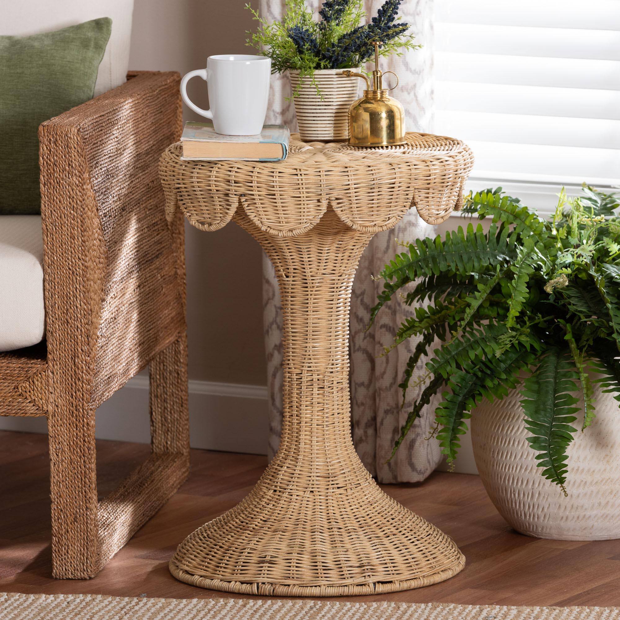Alt View 2. bali & pari - Natala Rattan End Table - Handwoven Wicker Tulip Accent Table, Scalloped Edge Side Table for Living Room - Light Honey.