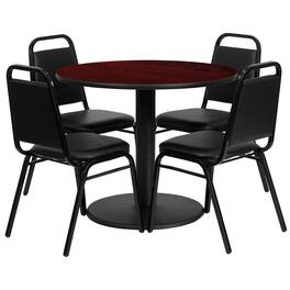 Emma + Oliver - 36" Round Laminate Table Set with 4 Trapezoidal Banquet Chairs - Mahogany Top/Black Vinyl Seat