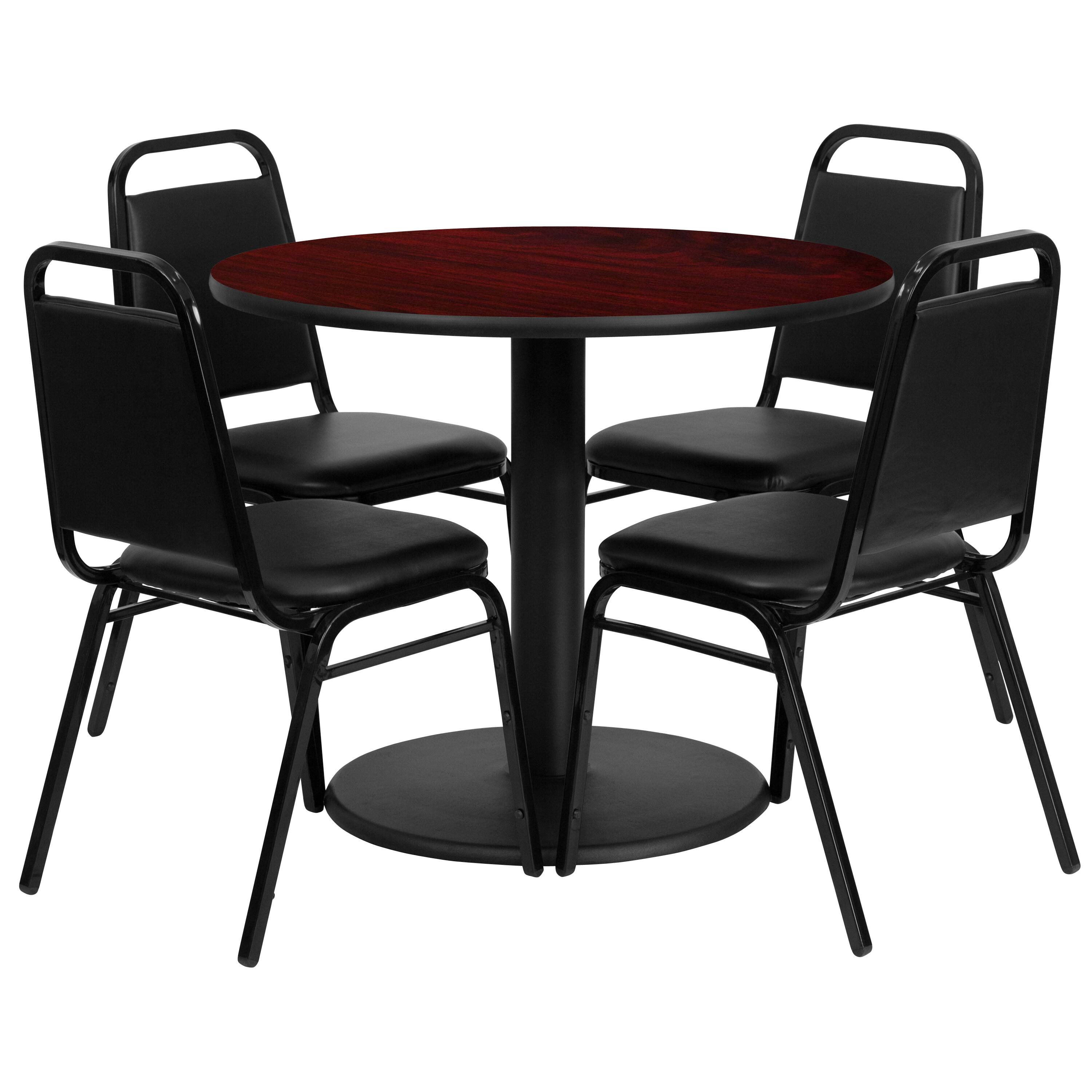 Front. Emma + Oliver - 36" Round Laminate Table Set with 4 Trapezoidal Banquet Chairs - Mahogany Top/Black Vinyl Seat.
