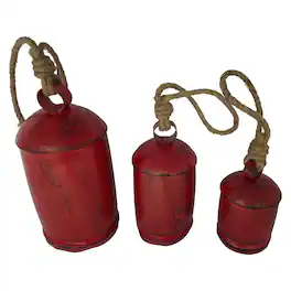 Manhattan Lane - Set of 3 Cowbells Wall Hanging, Jute Rope, Rustic Boho Home Decor - Antique Red, Natural Brown