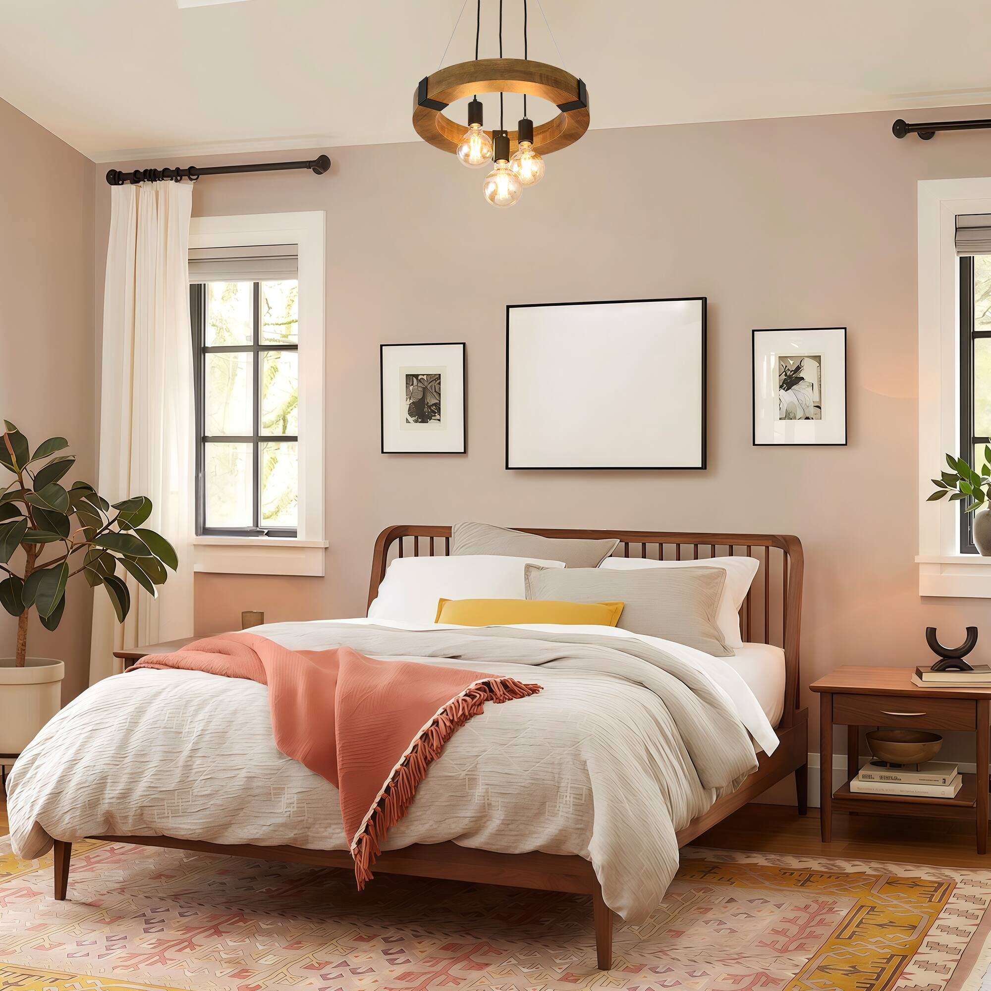 Alt View 2. RYHNUYNE - 3-Light Farmhouse Wooden Chandelier 17.72in Circular Pendant with Adjustable Height Rustic Natural Wood Ceiling Light.