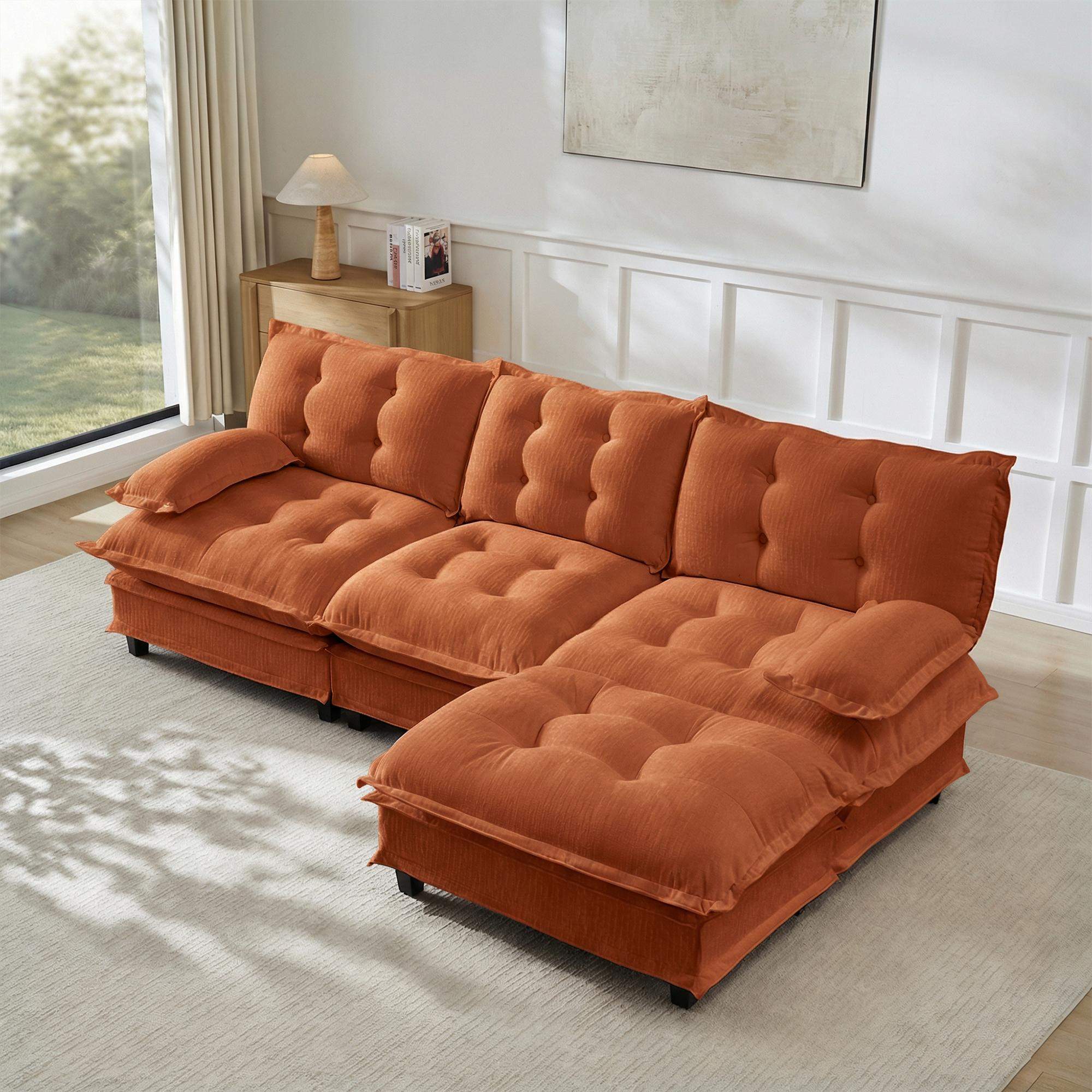 Left. Roomtec - 107 inch L Shaped Modern Sofa Modular Sectional Cloud Couch with Ottoman 3Seat Chenille Deep Seat Sofa with Comfy - Orange.