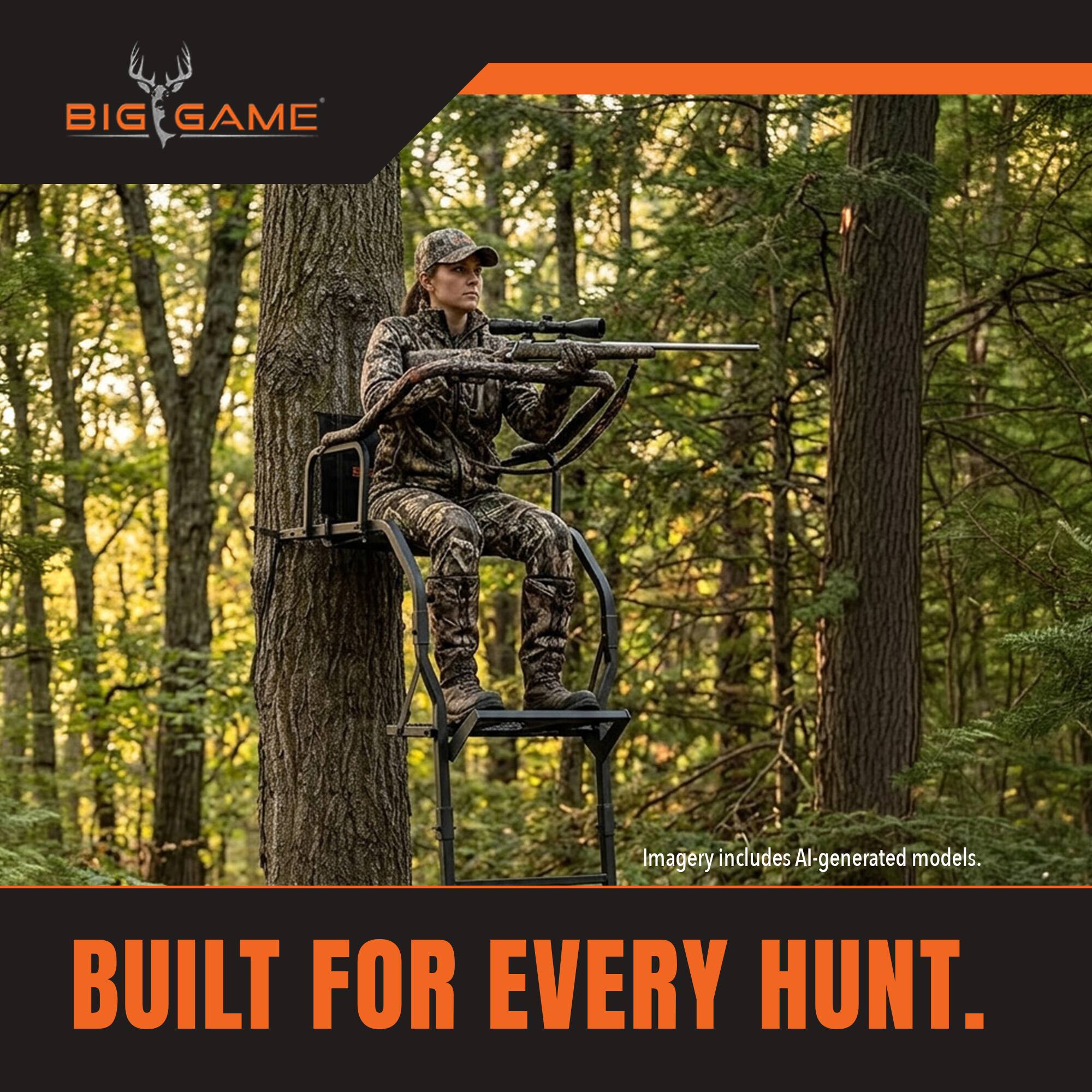 BIG GAME  
Imagery includes AI-generated models.  
BUILT FOR EVERY HUNT.