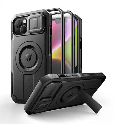 Front. dexnor - Dexnor iPhone 14/13 Magnetic Case with Camera Cover & Adjustable Kickstand & Built-in Screen Protector,Black - Black.