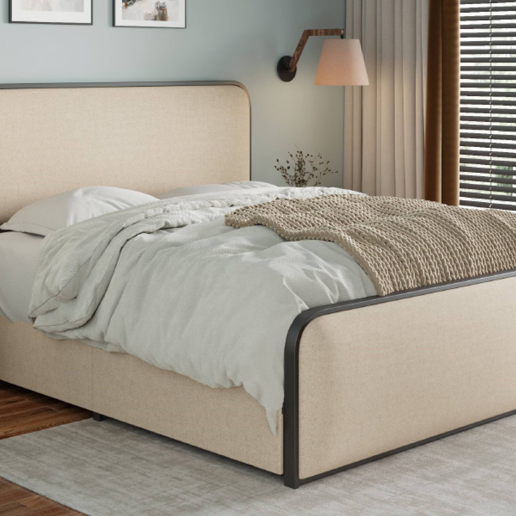 Alt View 2. GOODSILO - King Size Upholstered Bed Frame with Storage Drawers and Heavy Duty Metal Slats for Enhanced Support and Comfort - Beige.