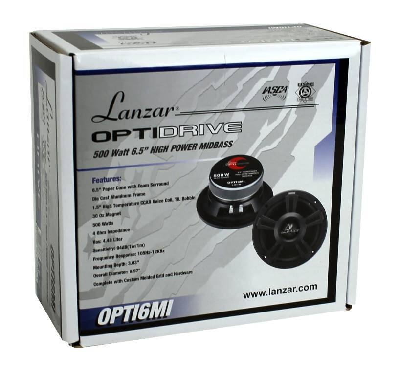 Lanzar OPTIDRIVE 500 Watt 6.5" HIGH POWER MIDBASS

Features:
- 6.5" Paper Cone
- Foam Surround
- Die Cast Aluminum Frame
- 1.5" High Temperature CCAR Voice Coil, TIL Bobbin
- 30 Oz Magnet
- 500 Watts
- 4 Ohm Impedance
- Vas: 4.48 Liter
- Sensitivity: 94dB (1w/1m)
- Frequency Response: 105Hz-12KHz
- Mounting Depth: 3.03"
- Mounting Diameter: 6.97"
- Complete with Custom Molded Grill and Hardware

OPTIGMI 800 W OFTOM

www.lanzar.com