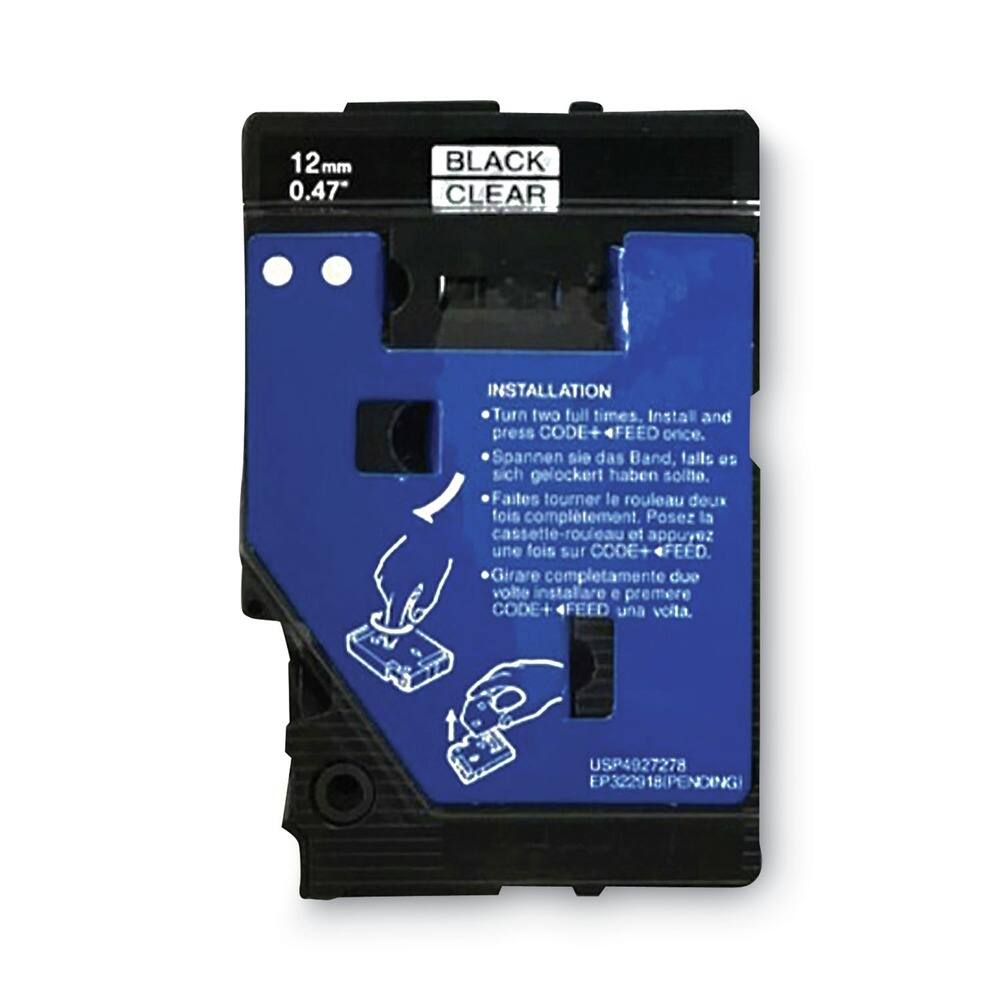 12mm 0.47" BLACK CLEAR

INSTALLATION
- Turn two full times. Install and press CODE+ FEED once.
- Spannen Sie das Band, falls es sich gelockert haben sollte.
- Faites tourner le rouleau deux fois complètement. Posez la cassette-rouleau et appuyez une fois sur CODE+ FEED.
- Girare completamente due volte. Installare e premere CODE+ FEED una volta.

USP4927278 EP3229 918(PENDING)