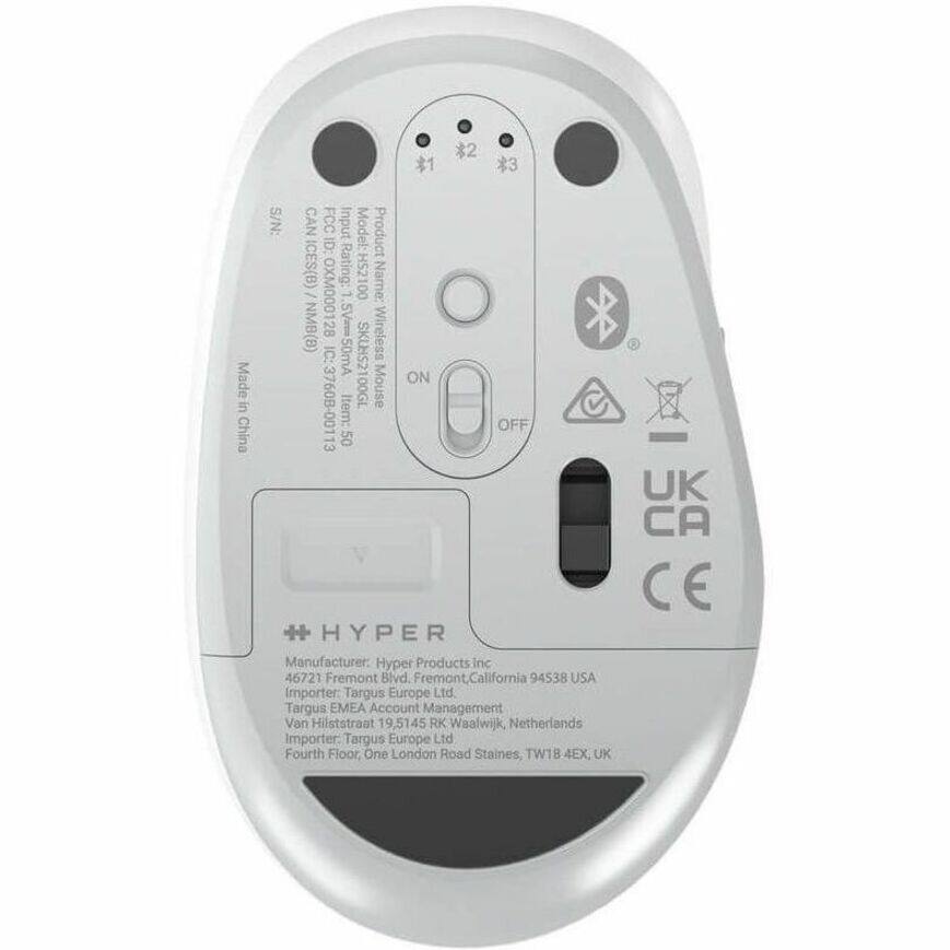 Sure, here is the corrected and grouped text from the image:

---

**Made in China**

**S/N:** CAN ICES(B) / NMB(6) 5V Wireless Mouse

**Model:** HS21

**Product ID:** OXM000128 - 00

**Rating:** HS21

**SKU:** HS21

**Item:** 3760B-00113

**Manufacturer:** Hyper Products Inc  
46721 Fremont Blvd. Fremont, California 94538 USA

**Importer:** Targus Europe Ltd  
Van Hilststraat 19, 5145 RK Waalwijk, Netherlands

**Importer:** Targus Europe Ltd  
Fourth Floor, One London Road Staines, TW18 4EX, UK

**UK CA CE**

---

**Additional Information:**

- **Input:** 5V
- **IC:** 50mA
- **ON/OFF Switch**
- **Buttons:** #1, #2, #3
- **Power Symbol**
- **Warning Symbols**
- **CE Mark**

---