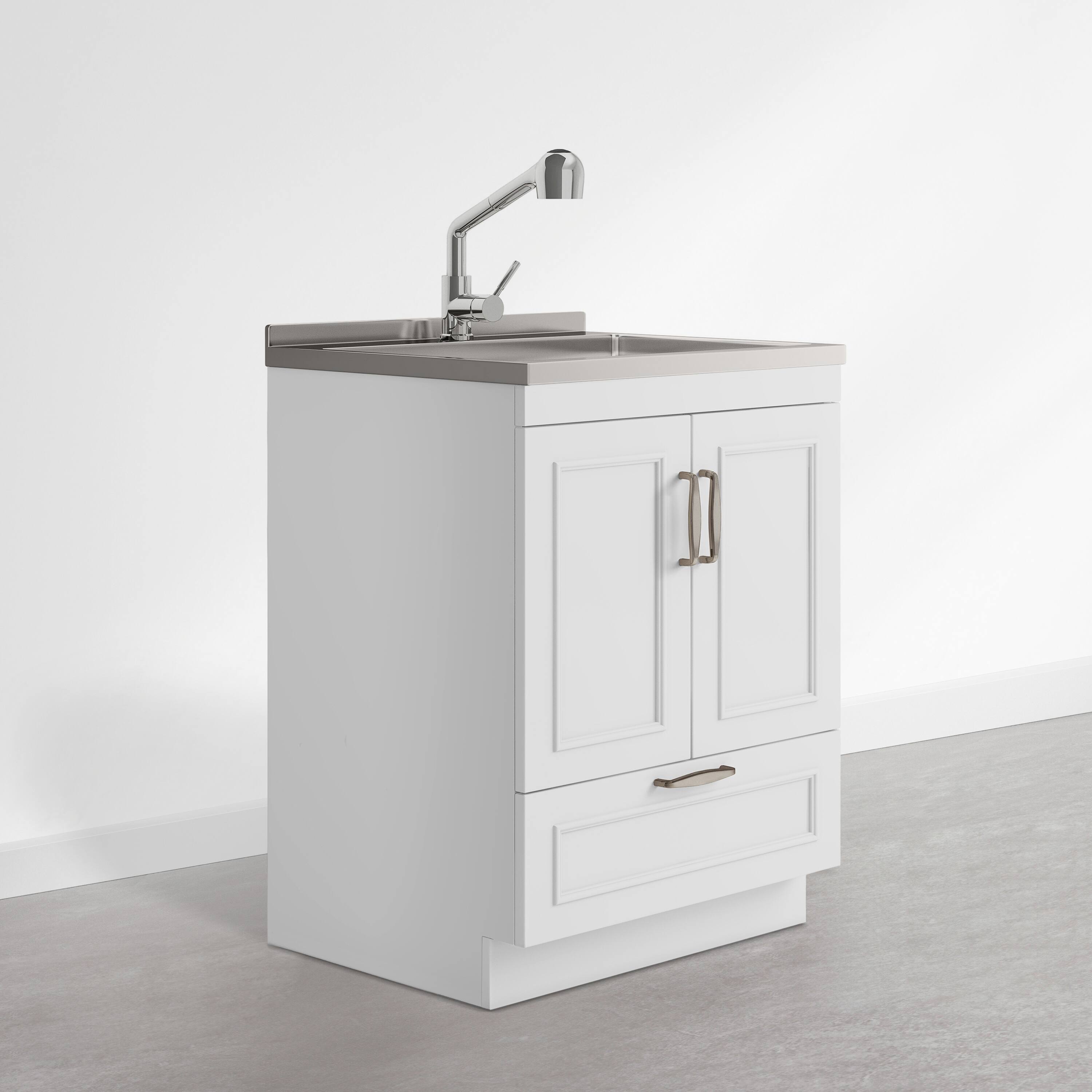 Angle. Simpli Home - Cardinal 28 inch Wide Utility Sink and Laundry Cabinet, Glacier White Finish - Glacier White.