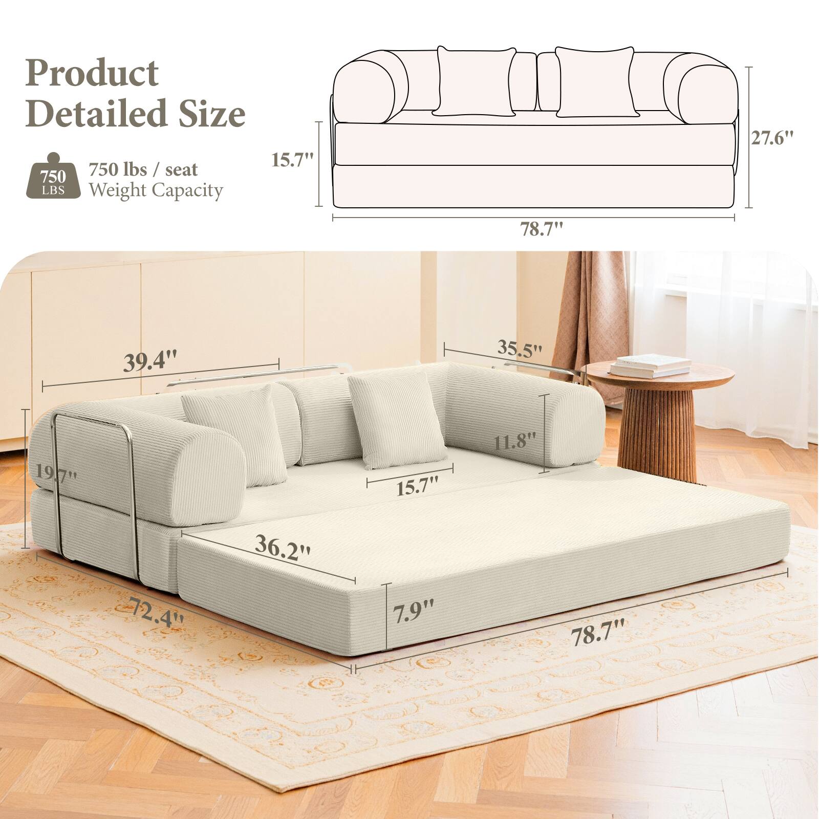 Product Detailed Size

750 lbs / seat  
Weight Capacity

15.7"  
27.6"  
78.7"  
39.4"  
35.5"  
19.7"  
15.7"  
11.8"  
72.4"  
36.2"  
7.9"  
78.7"