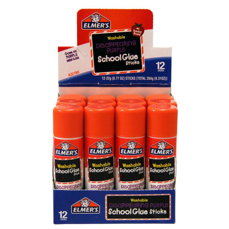 ELMER'S Teacher Brand Washable Disappearing Purple School Glue Sticks  
Goes on Purple, Dries Clear  
Acid Free  
12 Sticks (12-22g each, 0.77 oz each)  
Total 264g (9.31 oz)  
Washable School Glue Sticks  
Disappearing Purple
