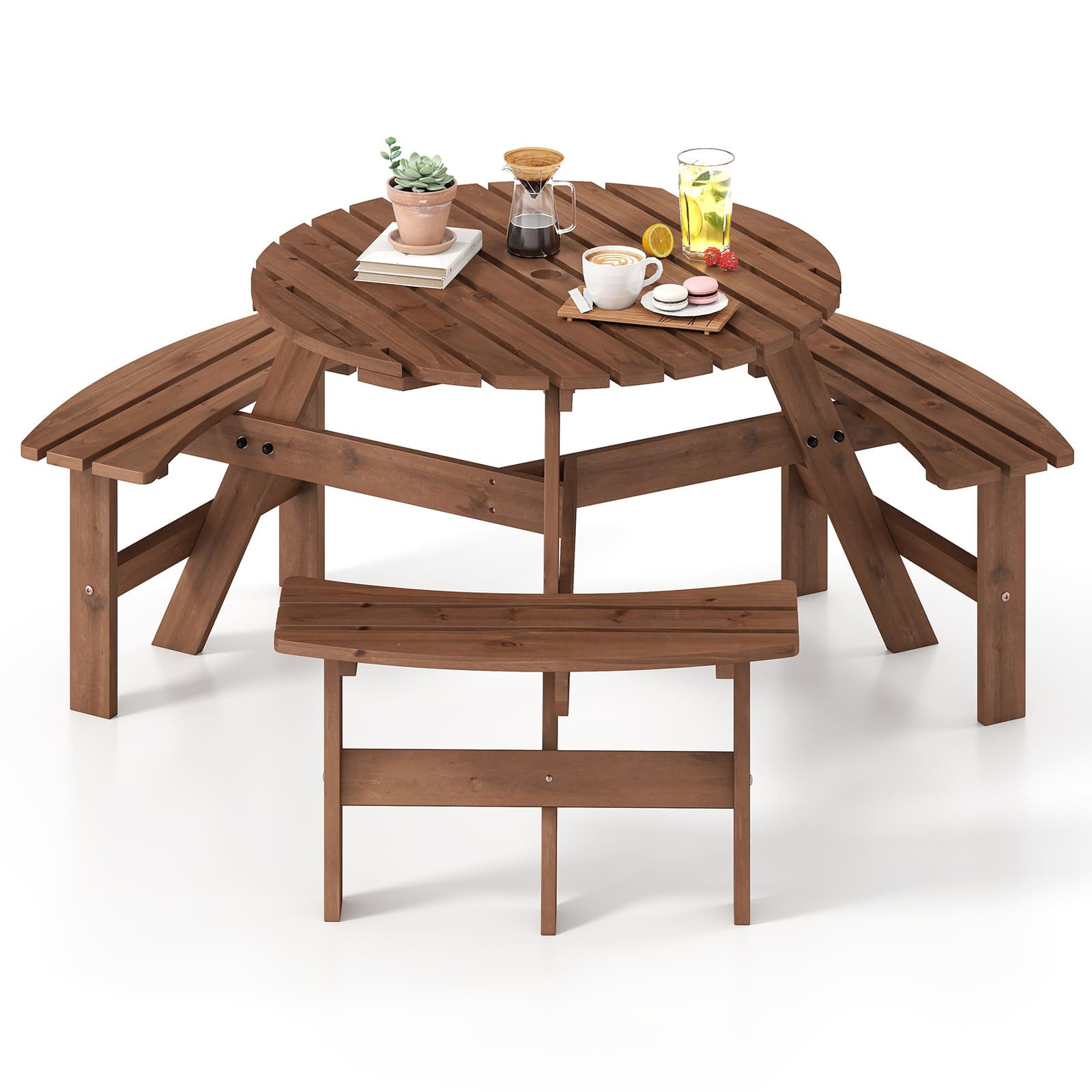 "Costway - 6-Person Round Picnic Table Set with 3 Built-in Benches 2"" Umbrella Hole - Brown" price history on PriceWatchPro