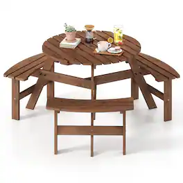Costway - 6-Person Round Picnic Table Set with 3 Built-in Benches 2" Umbrella Hole - Brown